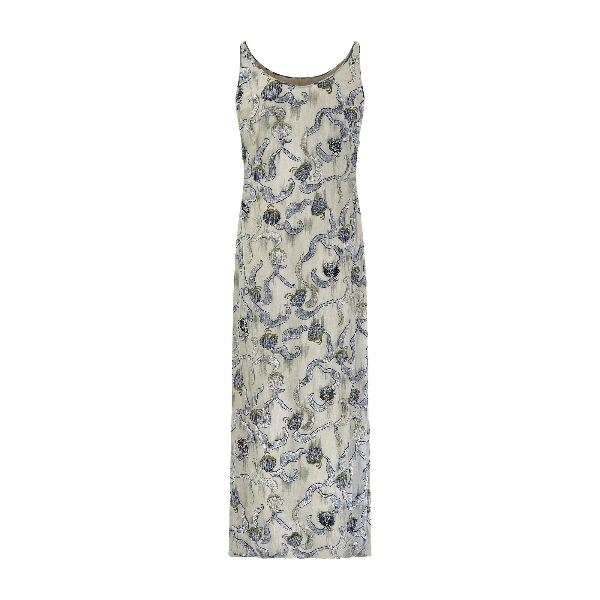 Gray S/S 1998 Runway Giorgio Armani Beaded Chinoiserie Slip Dress For Sale