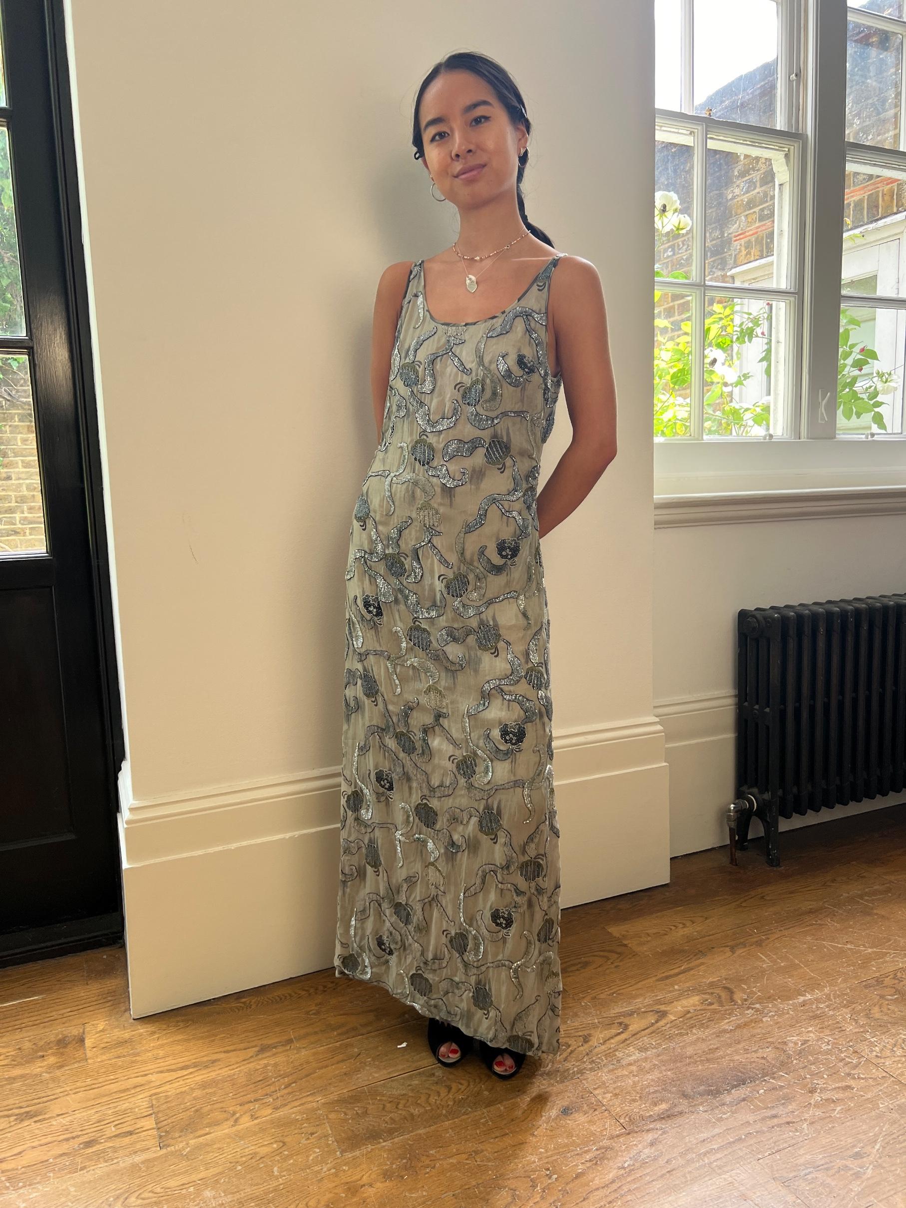 S/S 1998 Runway Giorgio Armani Beaded Chinoiserie Slip Dress For Sale 1