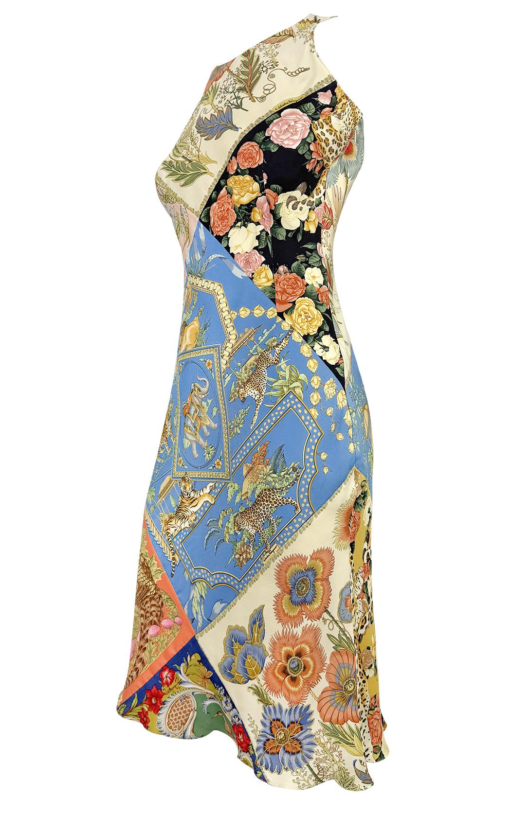 S/S 1998 Salvatore Ferragamo Printed Silk Scarf Patchwork Runway Dress In Excellent Condition In West Hollywood, CA