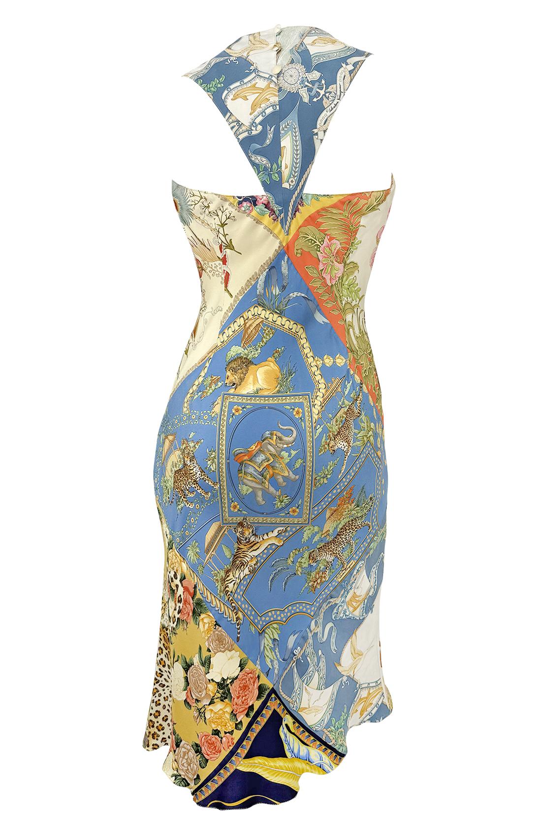 S/S 1998 Salvatore Ferragamo Printed Silk Scarf Patchwork Runway Dress 1