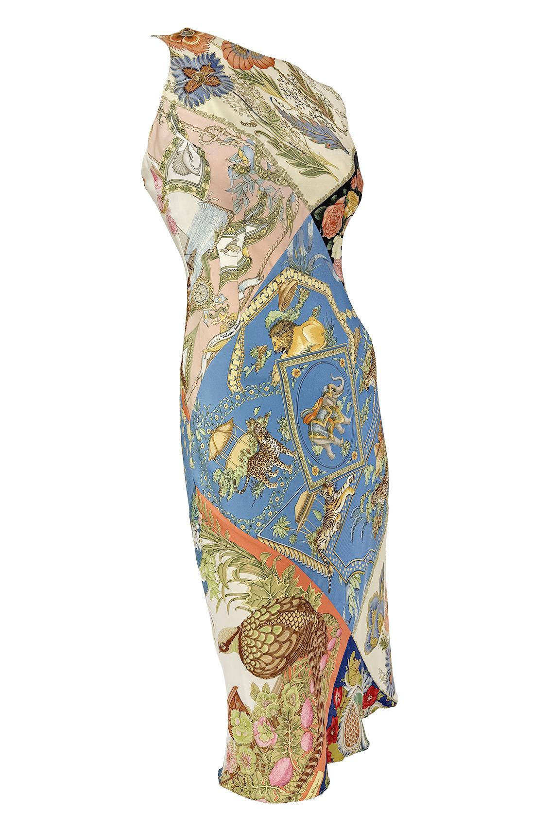 S/S 1998 Salvatore Ferragamo Printed Silk Scarf Patchwork Runway Dress 3