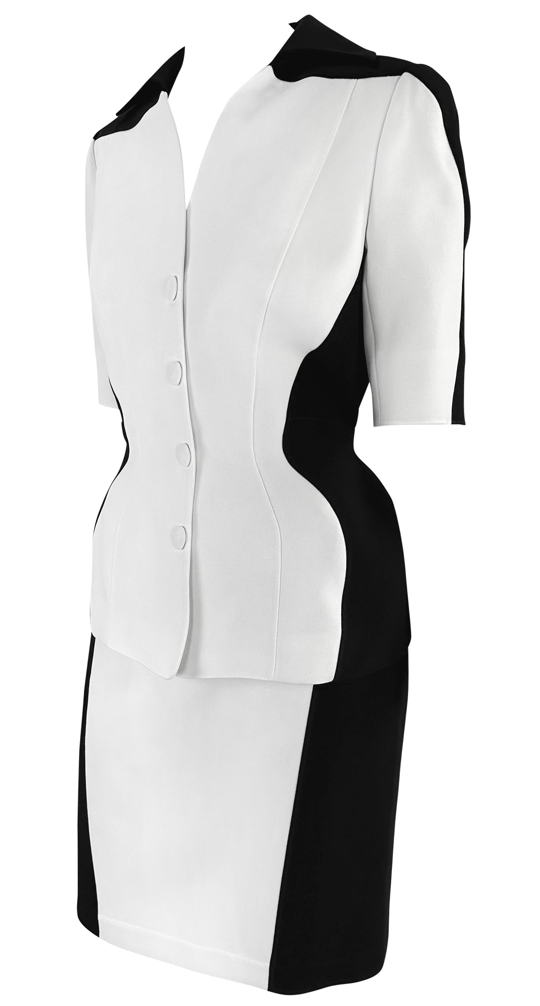 S/S 1998 Thierry Mugler Black White Color Block Short Sleeve Skirt Suit For Sale 1