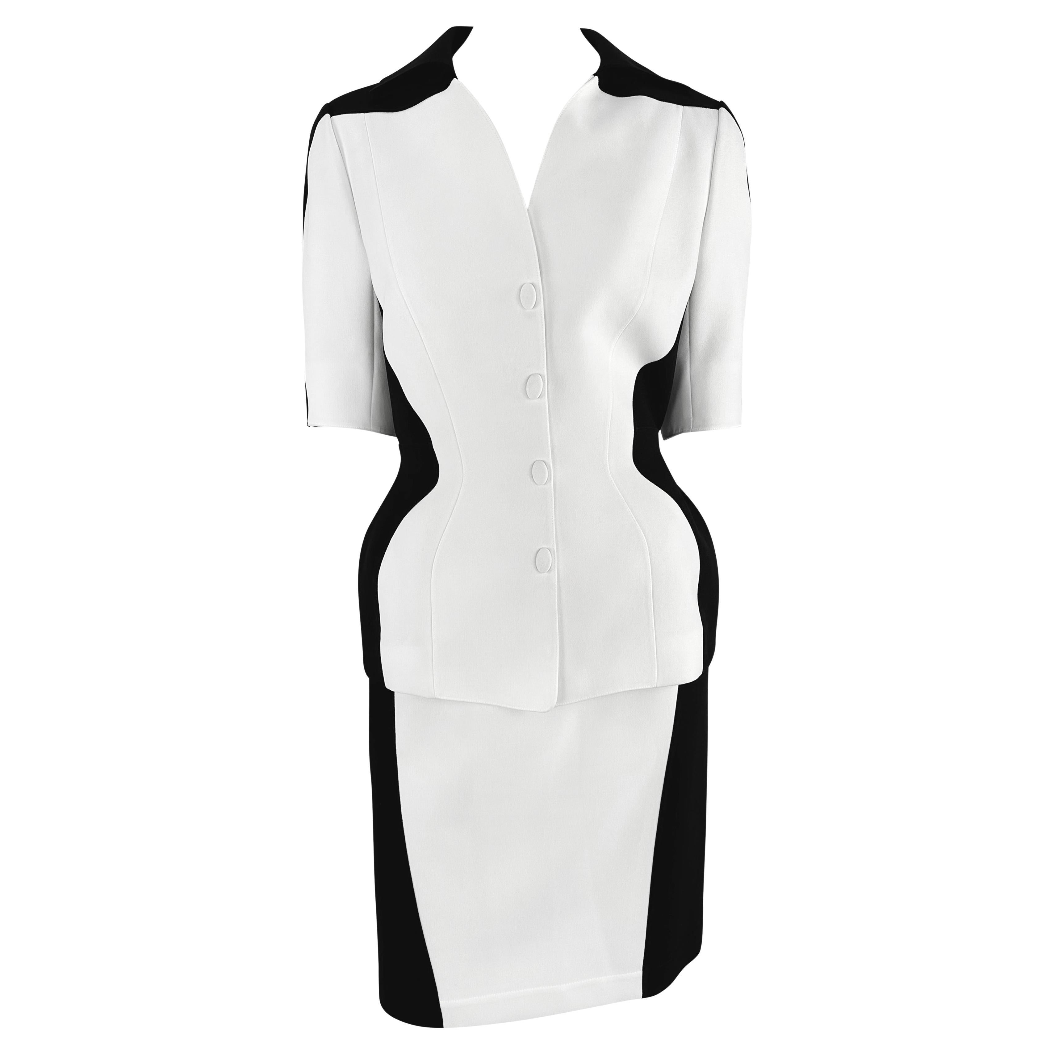 S/S 1998 Thierry Mugler Black White Color Block Short Sleeve Skirt Suit For Sale