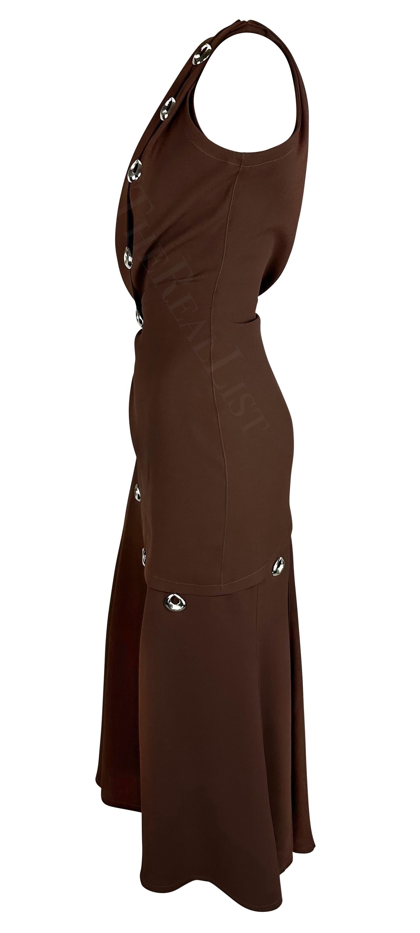 Noir S/S 1998 Thierry Mugler Silver Abstract Pendant Brown Wrap Drape Maxi Dress en vente