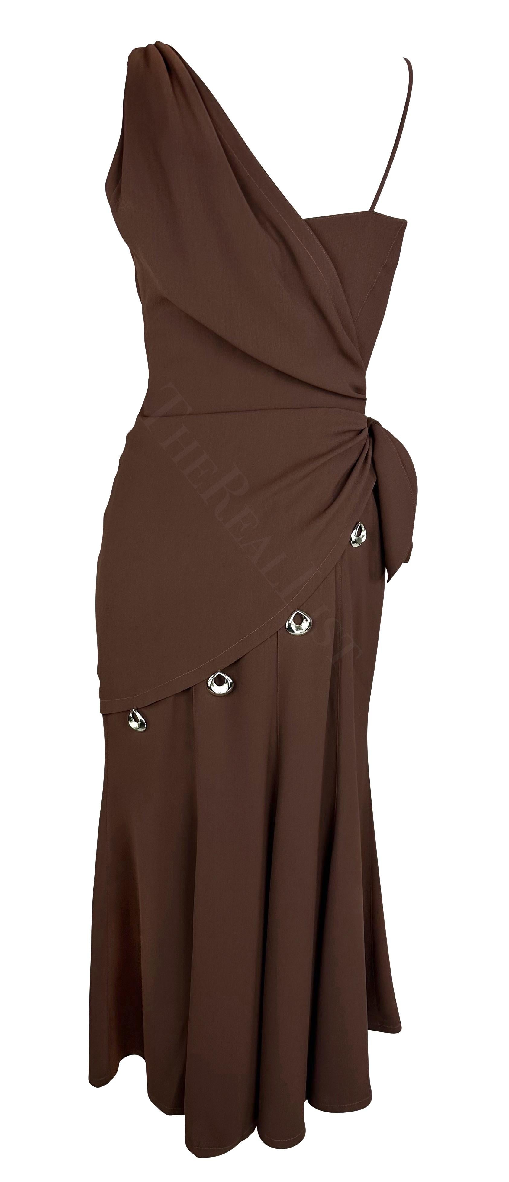 Women's S/S 1998 Thierry Mugler Silver Abstract Pendant Brown Wrap Drape Maxi Dress  For Sale