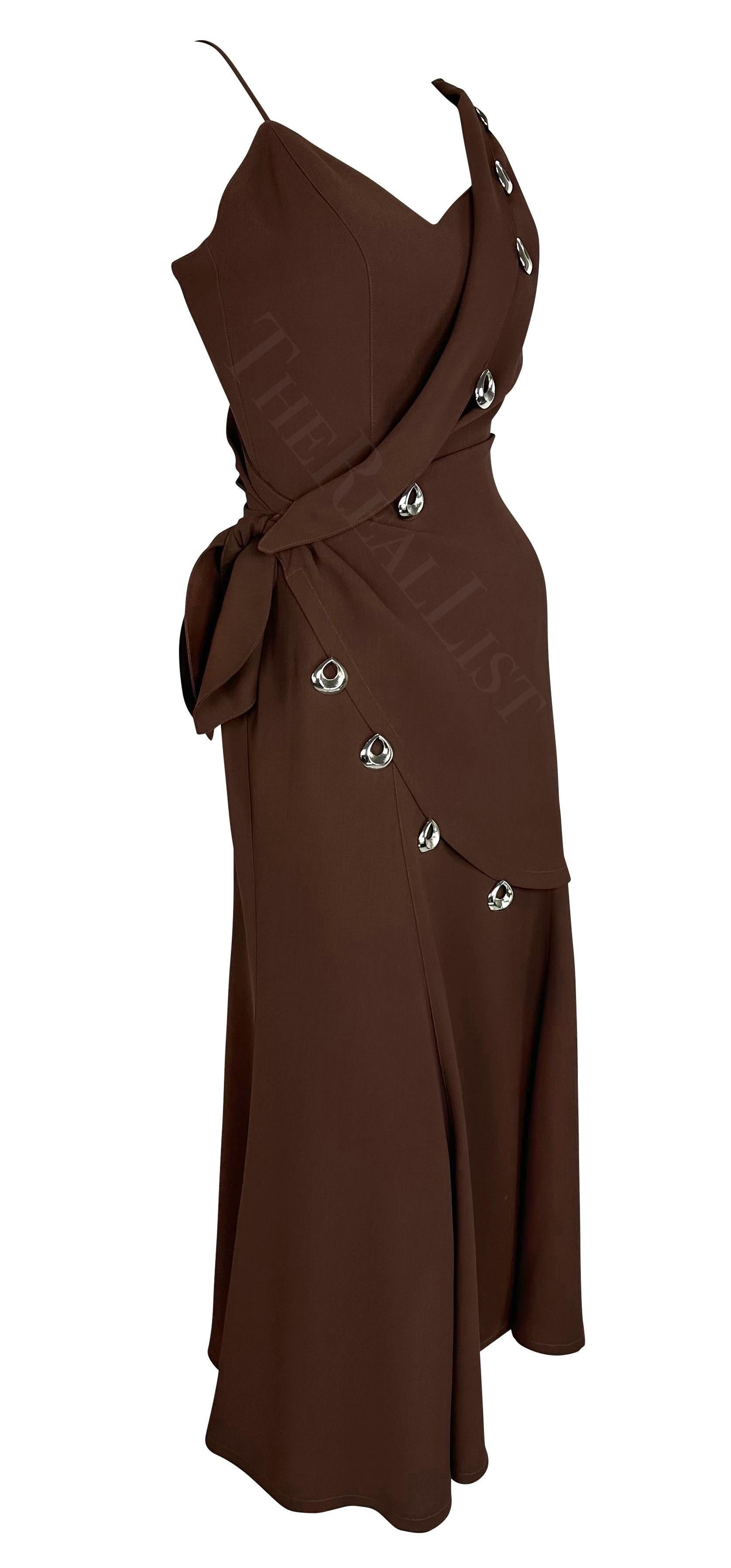 S/S 1998 Thierry Mugler Silver Abstract Pendant Brown Wrap Drape Maxi Dress en vente 1
