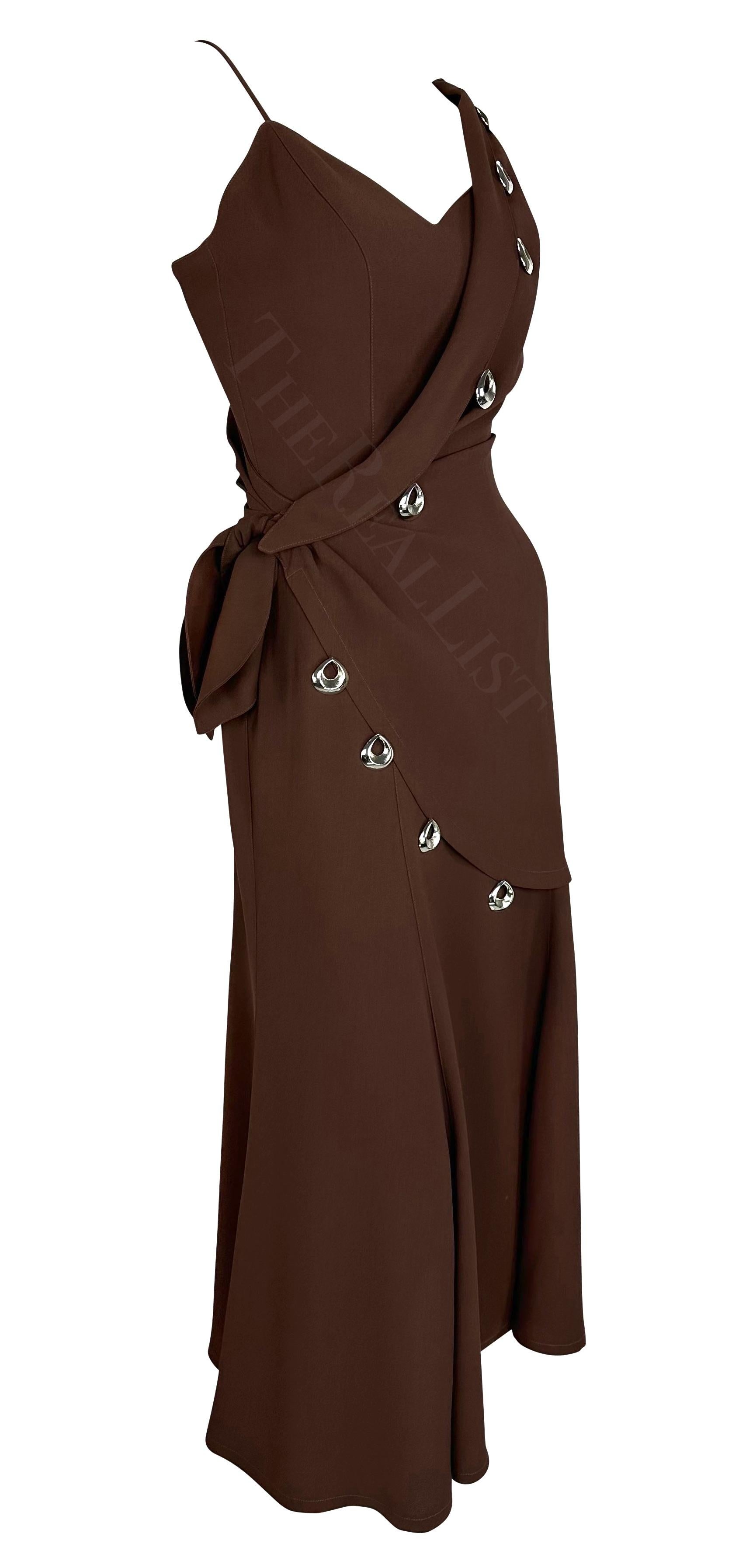 S/S 1998 Thierry Mugler Silver Abstract Pendant Brown Wrap Drape Maxi Dress  For Sale 2