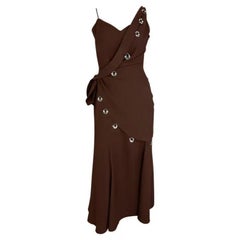 S/S 1998 Thierry Mugler Silver Abstract Pendant Brown Wrap Drape Maxi Dress