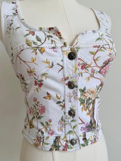 Roberto Cavalli Vintage 1998 White Floral Denim Bustier Vest for Women
