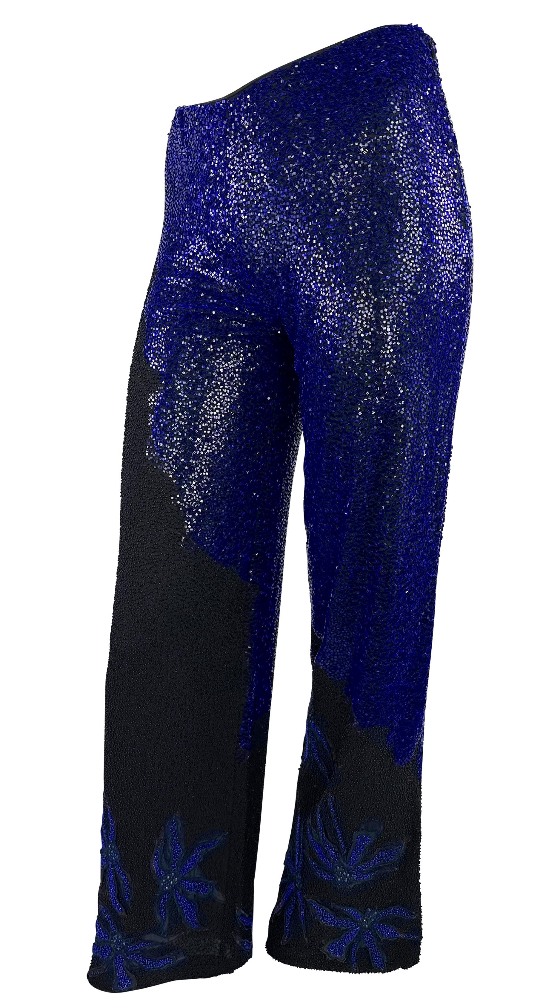 Black S/S 1999 Atelier Versace Haute Couture Hand-Beaded Blue Floral Wide-Leg Pants For Sale