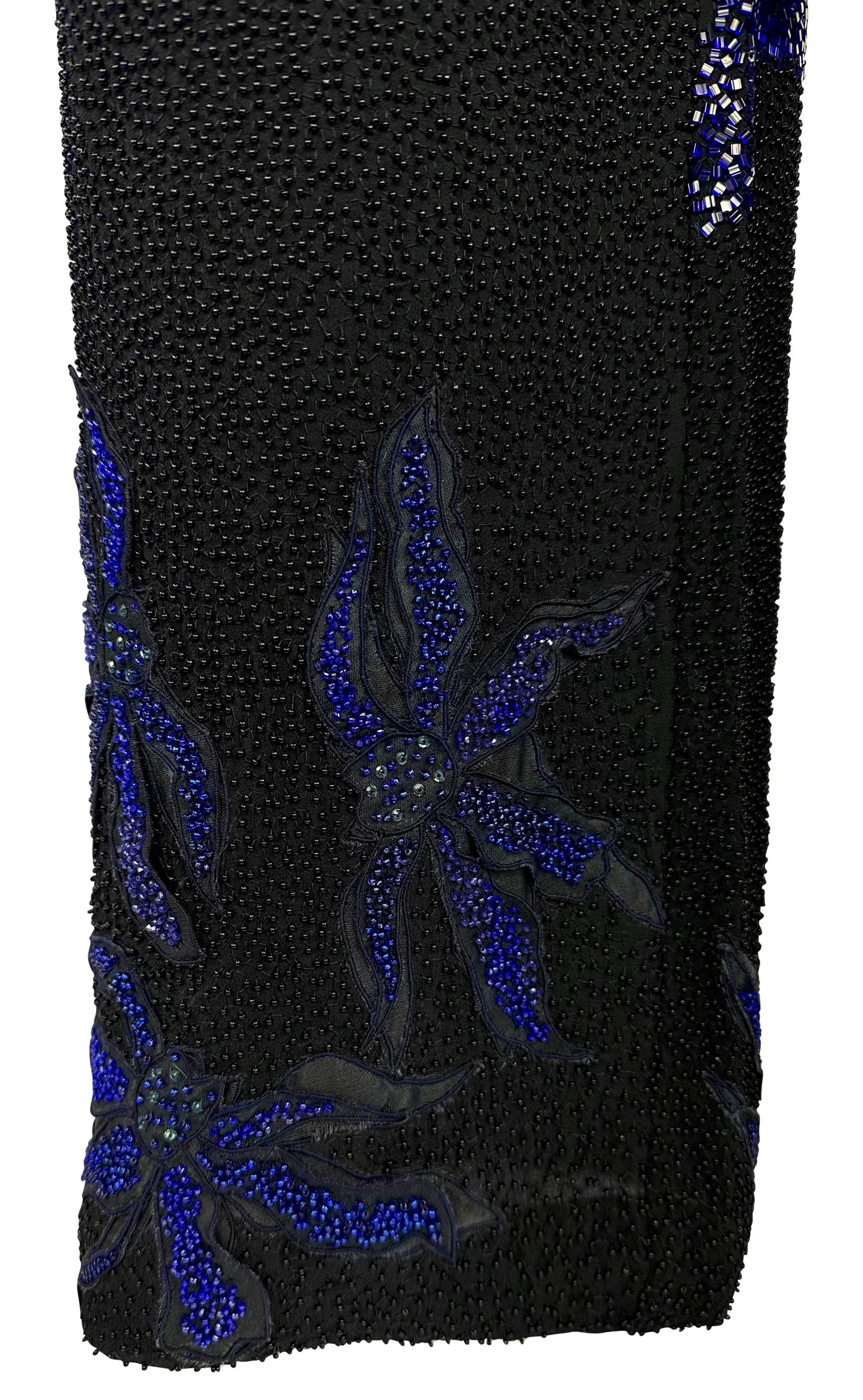 S/S 1999 Atelier Versace Haute Couture Hand-Beaded Blue Floral Wide-Leg Pants In Excellent Condition For Sale In West Hollywood, CA