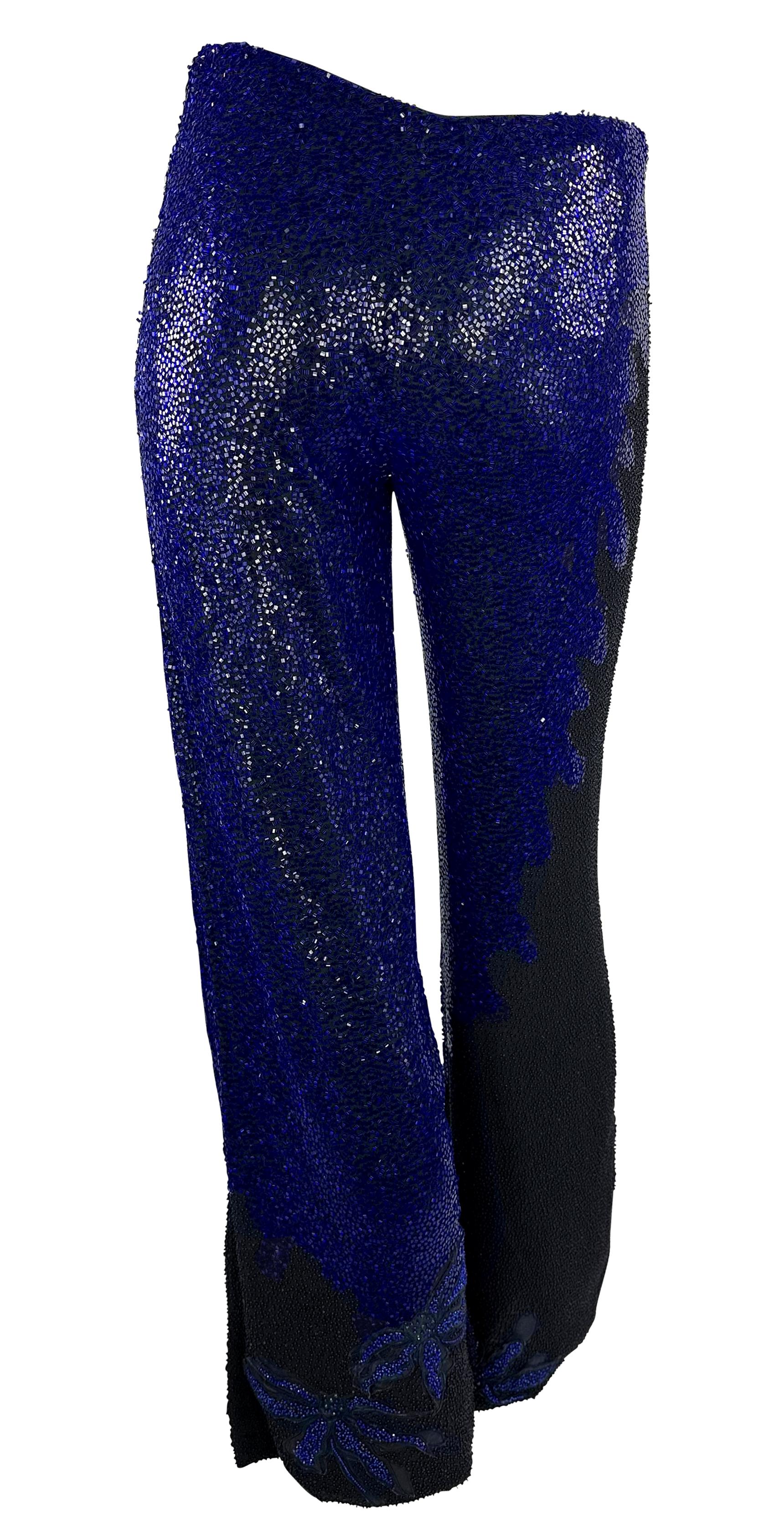 S/S 1999 Atelier Versace Haute Couture Hand-Beaded Blue Floral Wide-Leg Pants For Sale 1