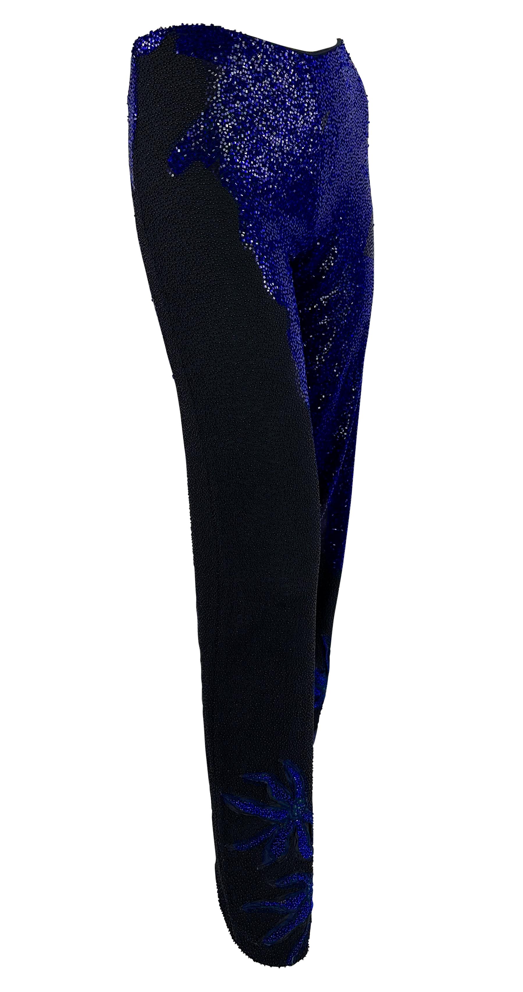 S/S 1999 Atelier Versace Haute Couture Hand-Beaded Blue Floral Wide-Leg Pants For Sale 4