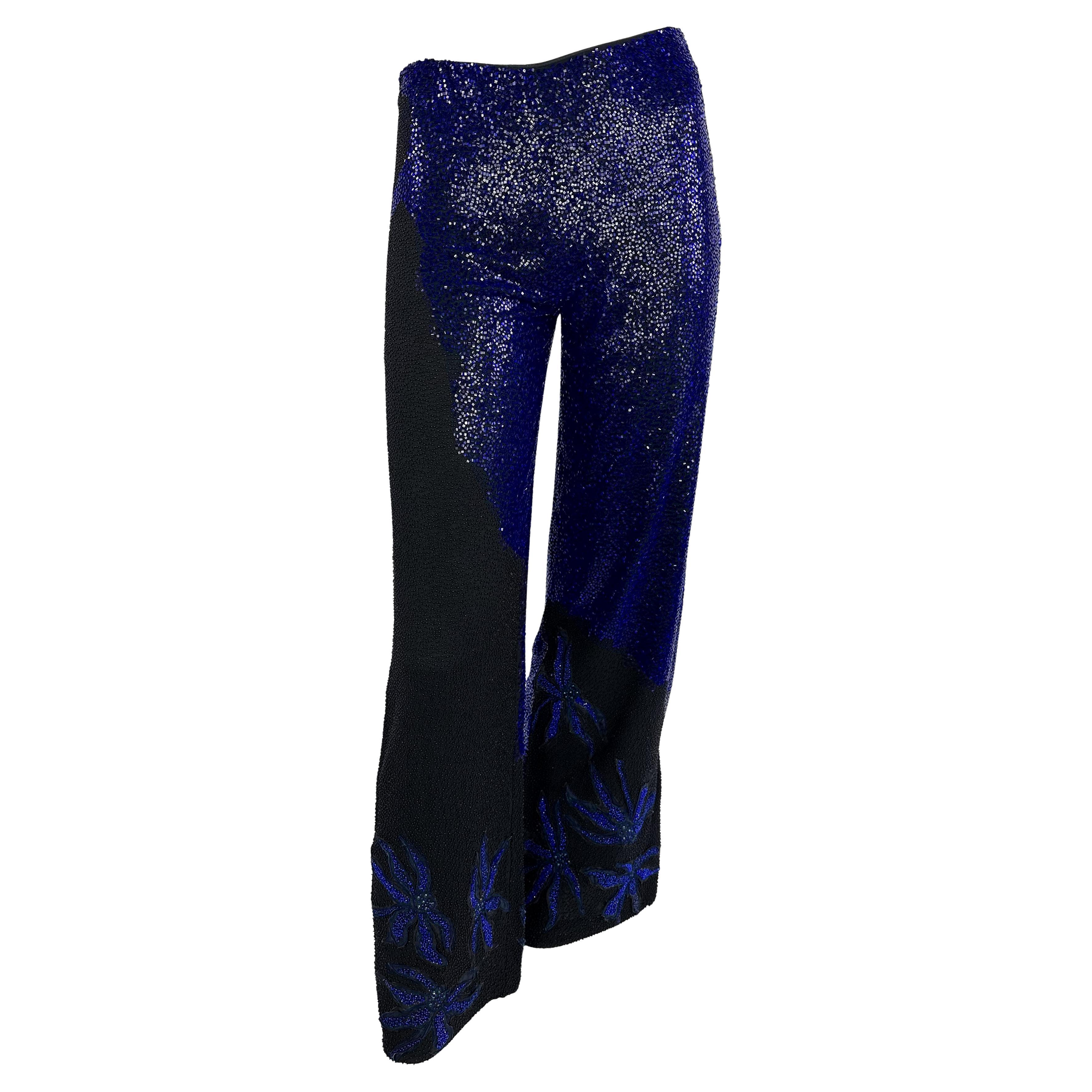 S/S 1999 Atelier Versace Haute Couture Hand-Beaded Blue Floral Wide-Leg Pants For Sale
