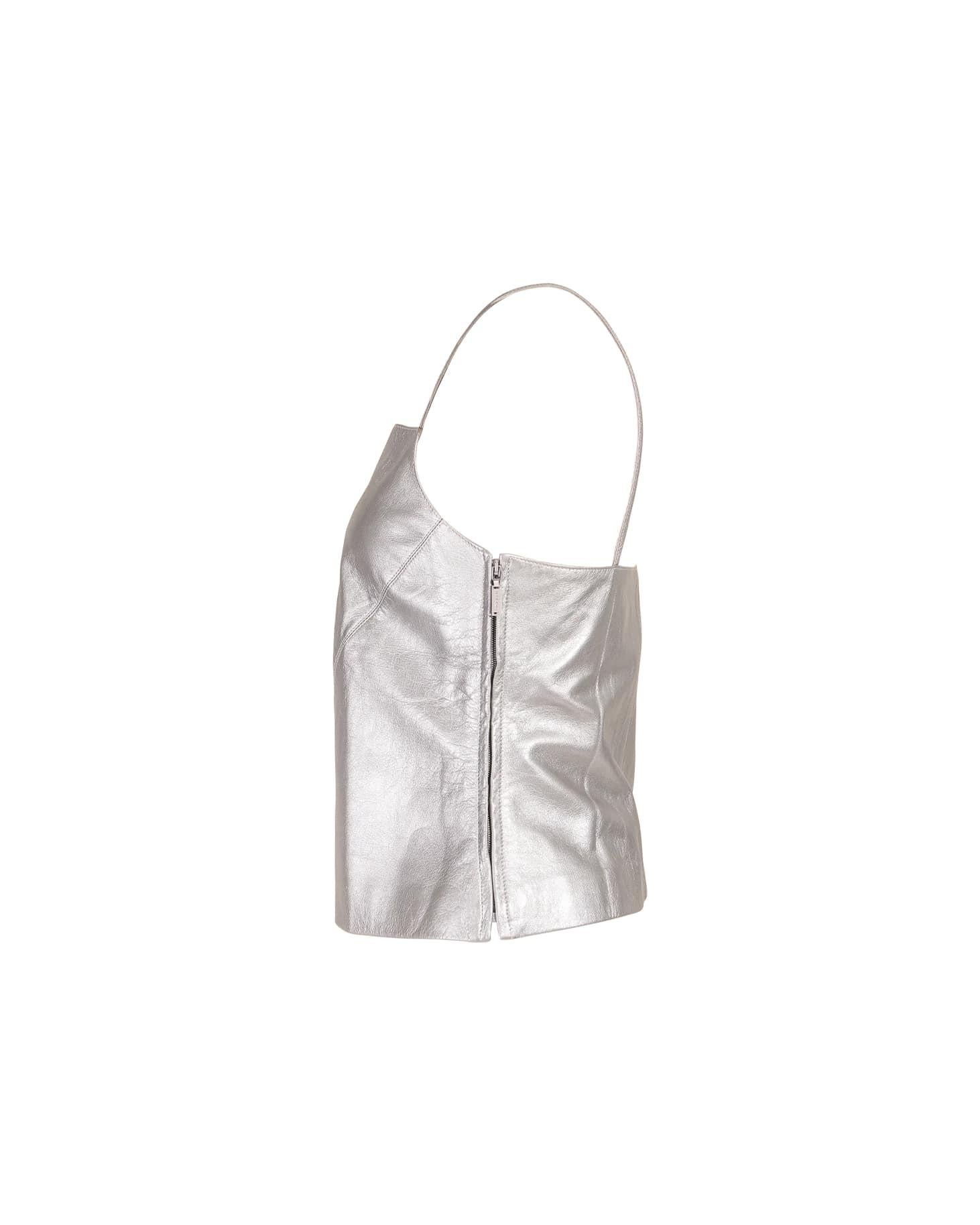 S/S 1999 Chanel metallic silver leather tank top. Silver leather exterior with silk lining. Square neckline, sleeveless top with side zip closure. 
