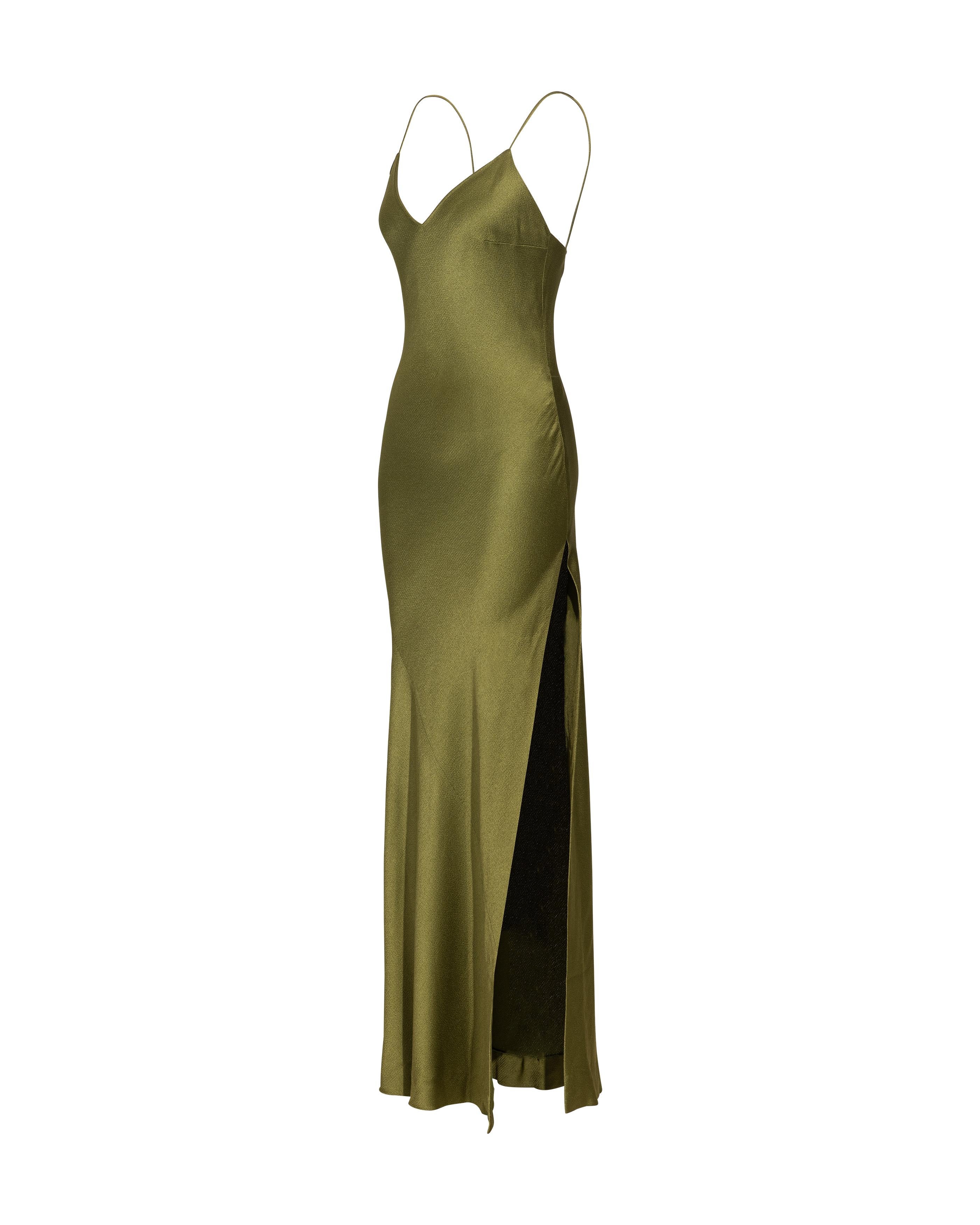 S/S 1999 Christian Dior by John Galliano Olive Green Bias Cut Slip Gown In Excellent Condition For Sale In North Hollywood, CA