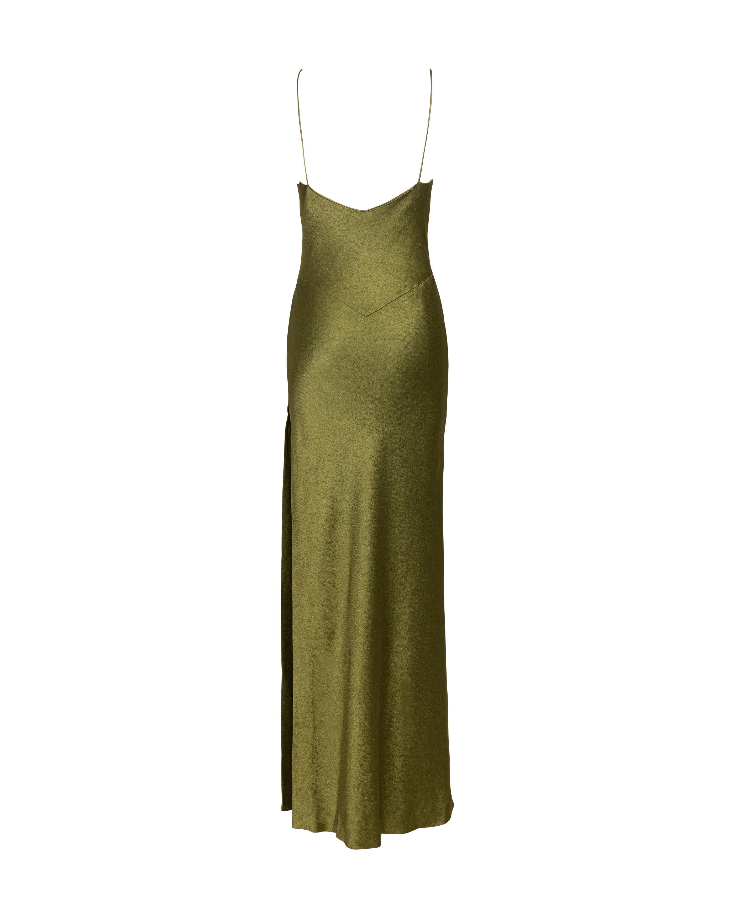 S/S 1999 Christian Dior by John Galliano Olive Green Bias Cut Slip Gown For Sale 2