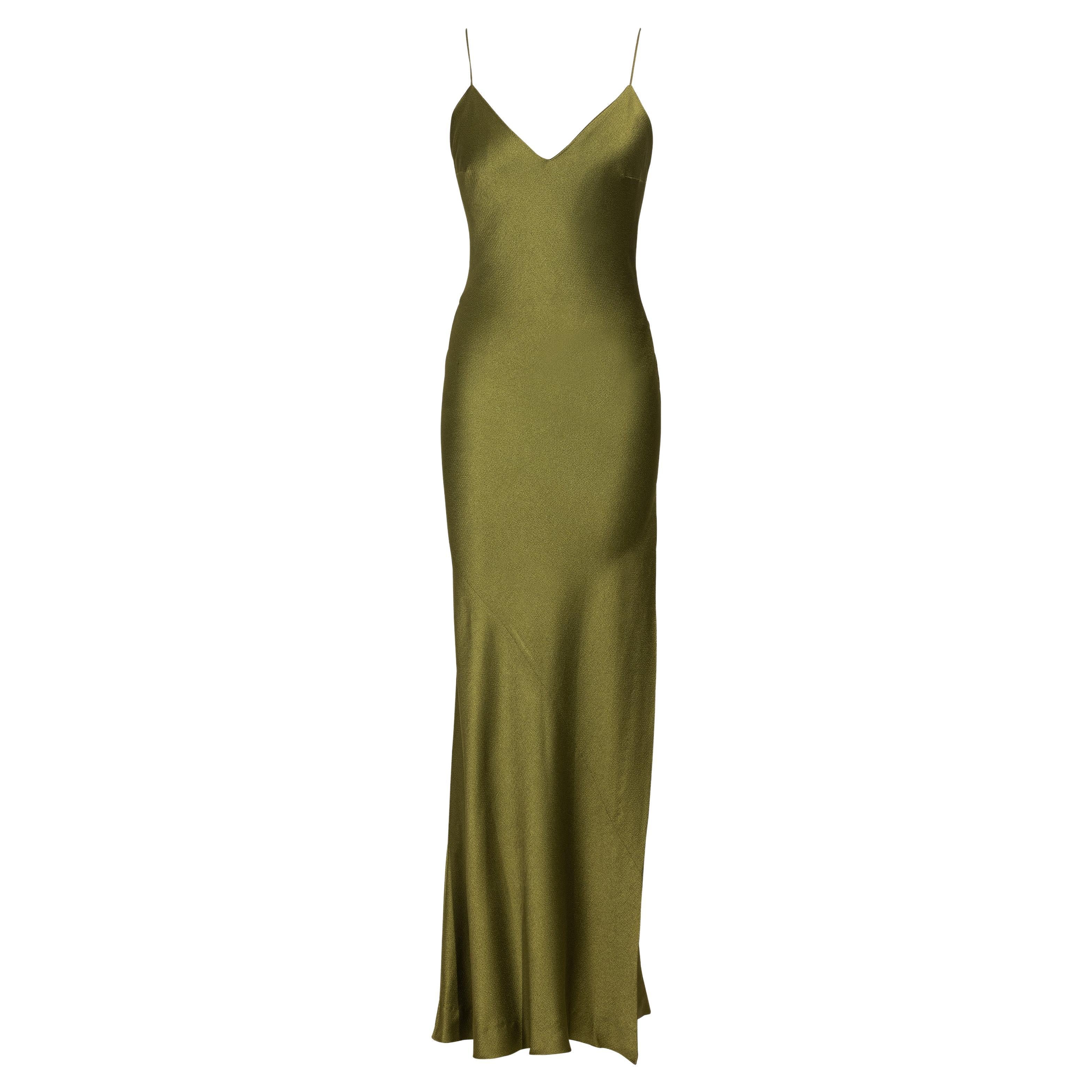 S/S 1999 Christian Dior by John Galliano Olive Green Bias Cut Slip Gown For Sale