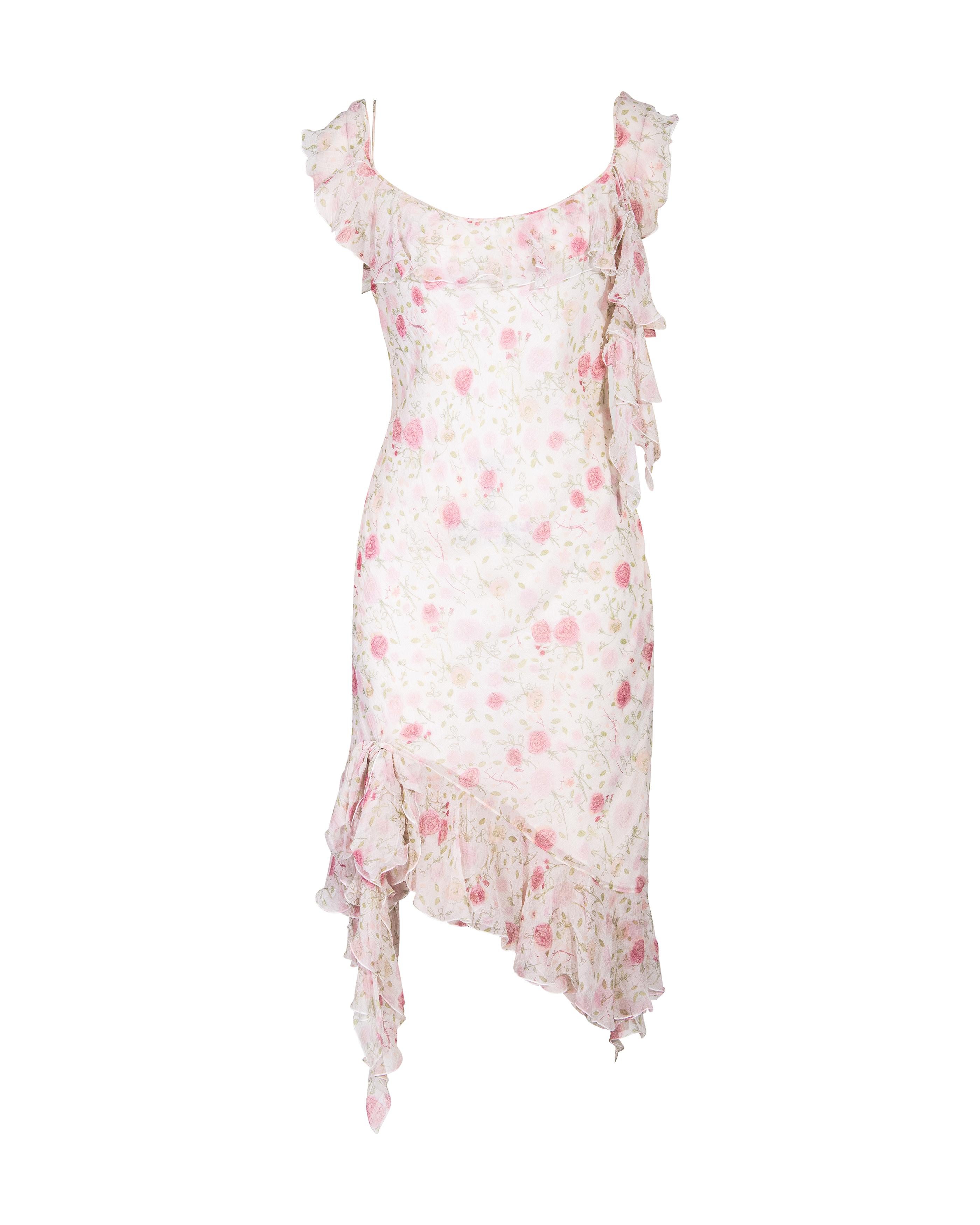 S/S 1999 Christian Dior by John Galliano Rose Print Bias Cut Silk Chiffon Dress In Good Condition In North Hollywood, CA