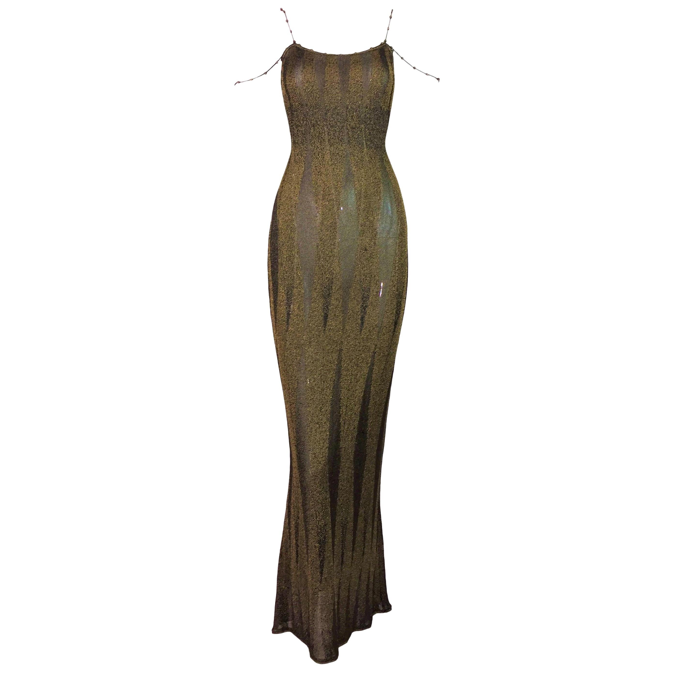 S/S 1999 Christian Dior John Galliano Sheer Black & Gold Knit Wiggle Gown Dress