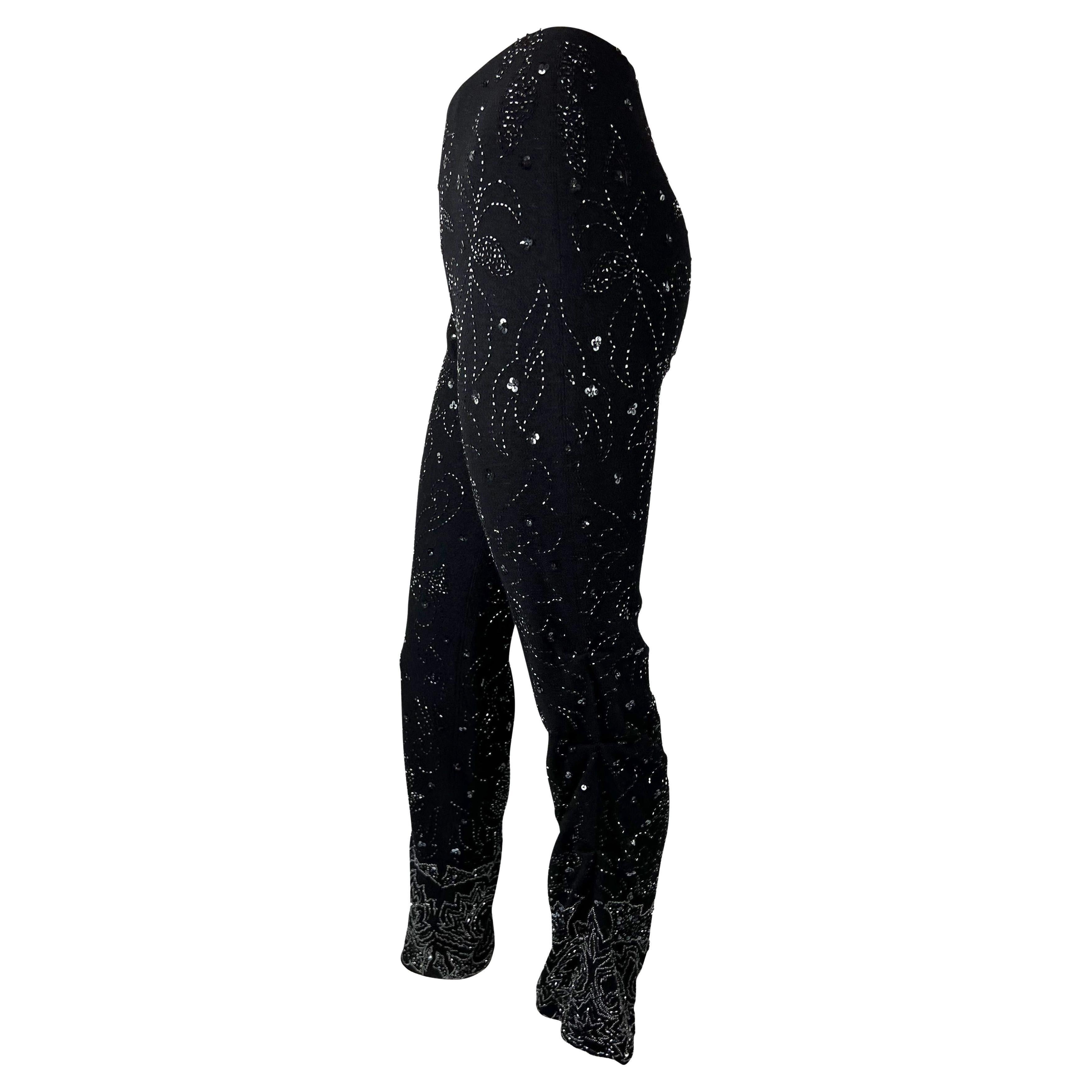 Noir S/S 1999 Dolce & Gabbana Pantalon en laine froncé à paillettes et perles Y2K en vente