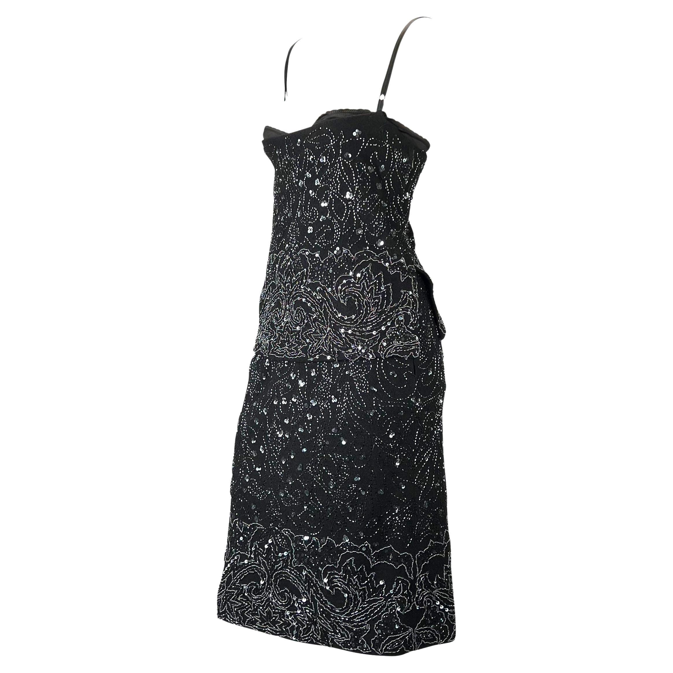 Noir S/S 1999 Dolce & Gabbana Black Wool Beaded Skirt Bustier Top Set en vente