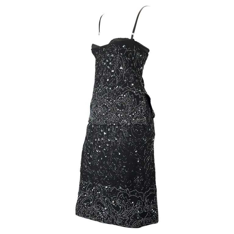 S/S 1999 Dolce and Gabbana Black Wool Beaded Skirt Bustier Top Set For ...