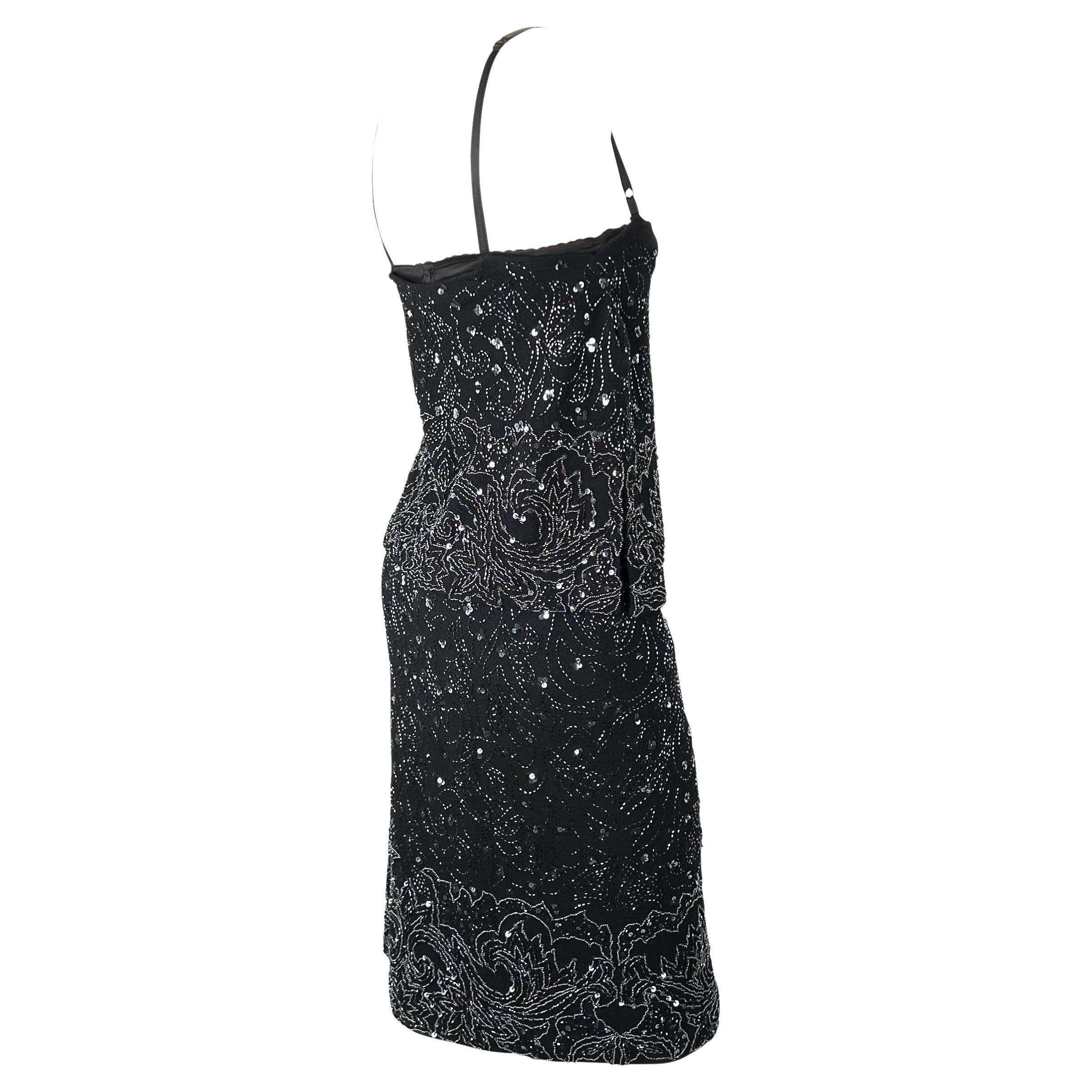 S/S 1999 Dolce & Gabbana Black Wool Beaded Skirt Bustier Top Set For Sale 1