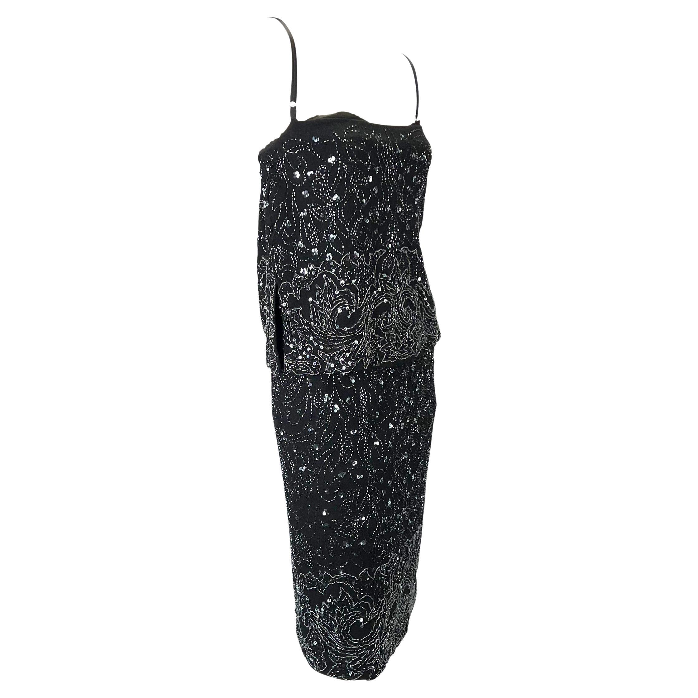 S/S 1999 Dolce & Gabbana Black Wool Beaded Skirt Bustier Top Set en vente 1
