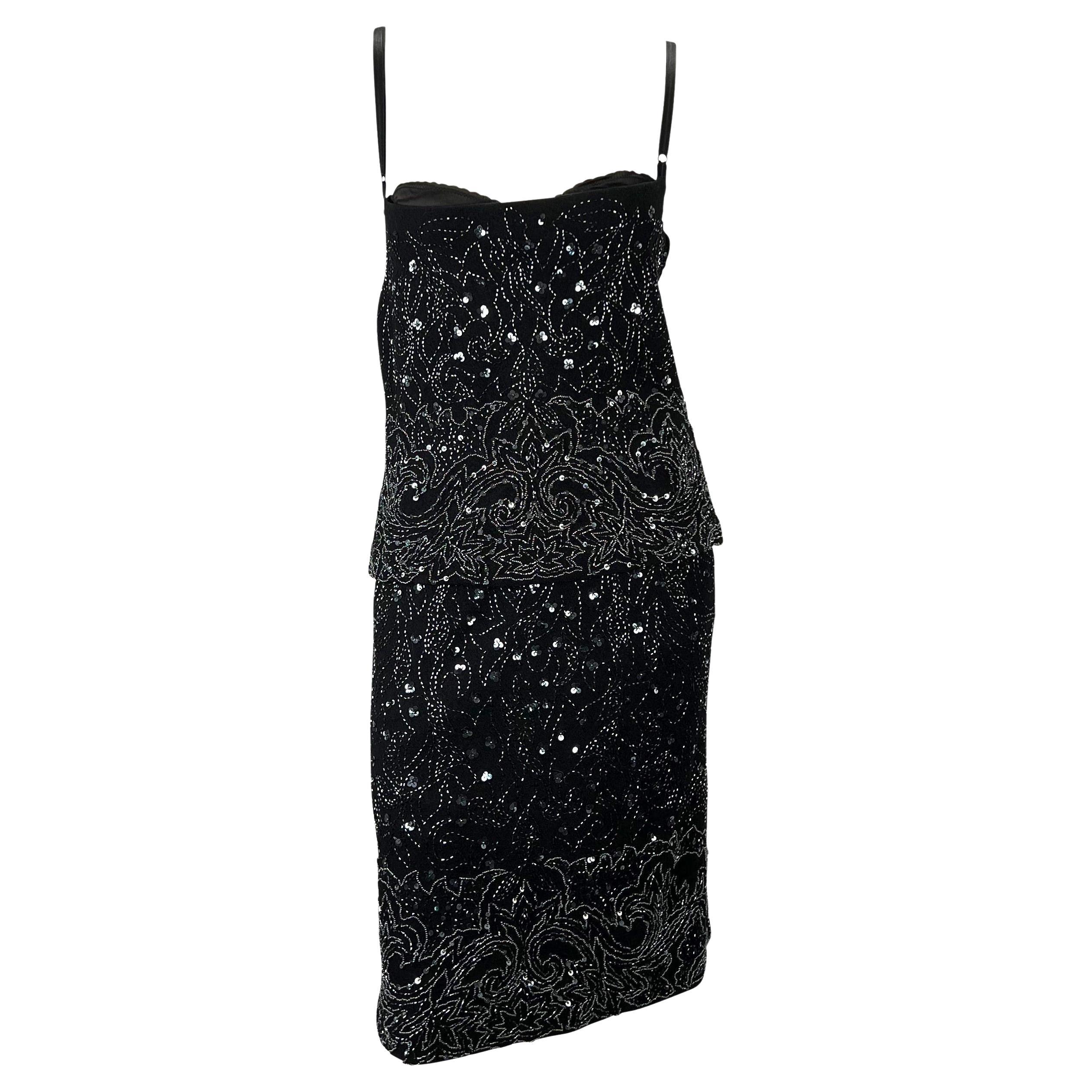 S/S 1999 Dolce & Gabbana Black Wool Beaded Skirt Bustier Top Set For Sale