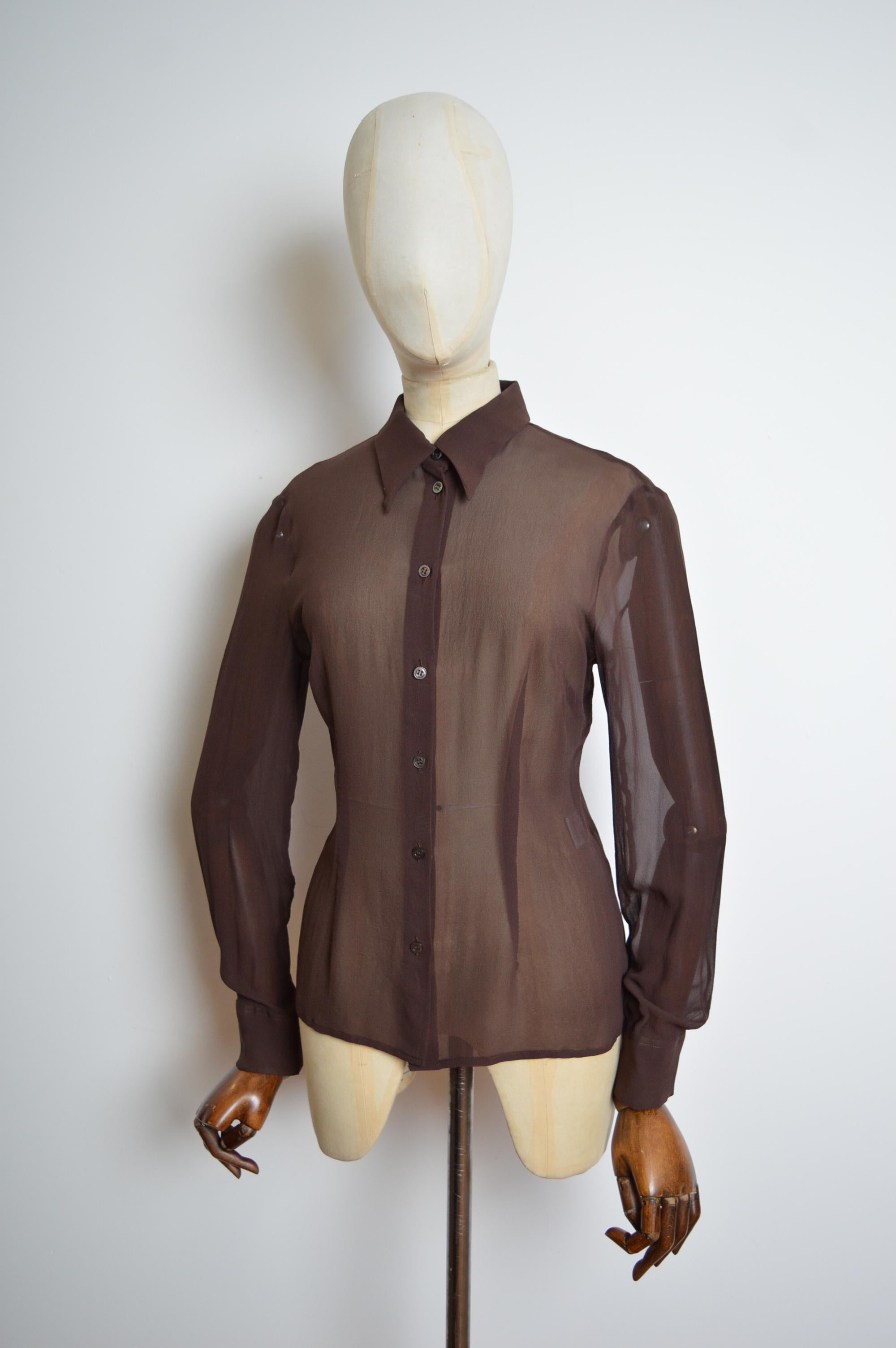 S/S 1999 Dolce & Gabbana Chocolate Brown Silk Sheer Shirt - Button Down Blouse For Sale 4