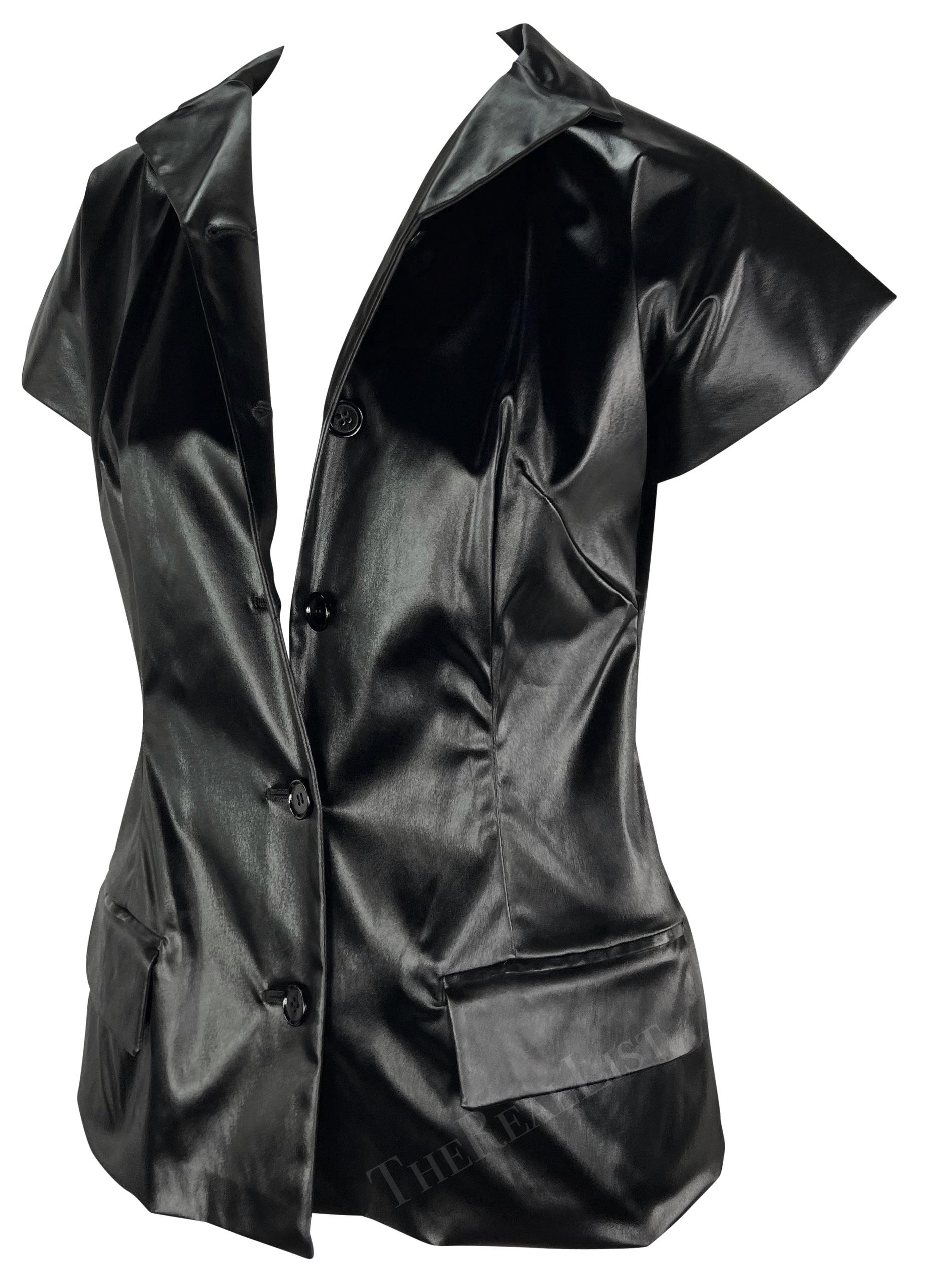 Women's S/S 1999 Dolce & Gabbana Runway Wet Look Short Sleeve Black Jacket Top For Sale