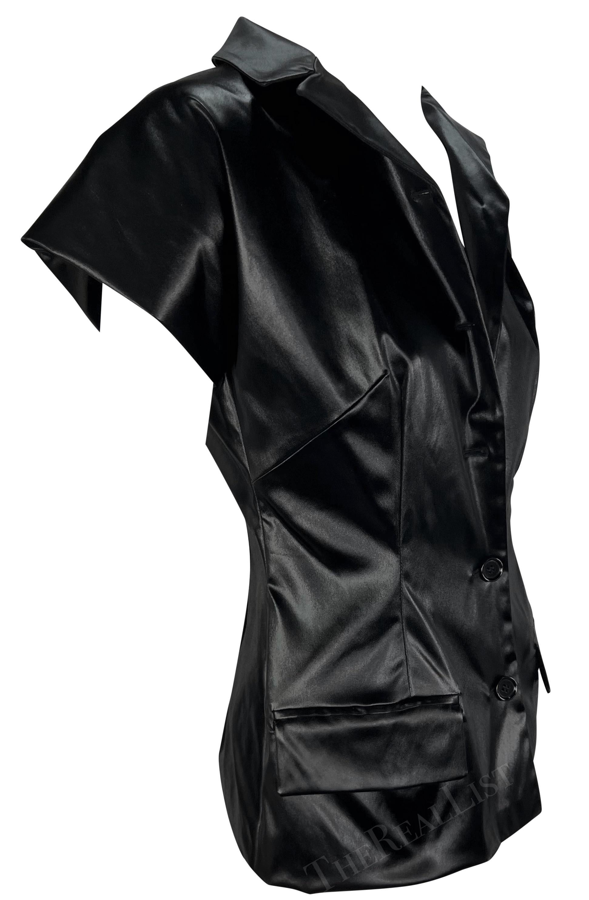 S/S 1999 Dolce & Gabbana Runway Wet Look Short Sleeve Black Jacket Top For Sale 2