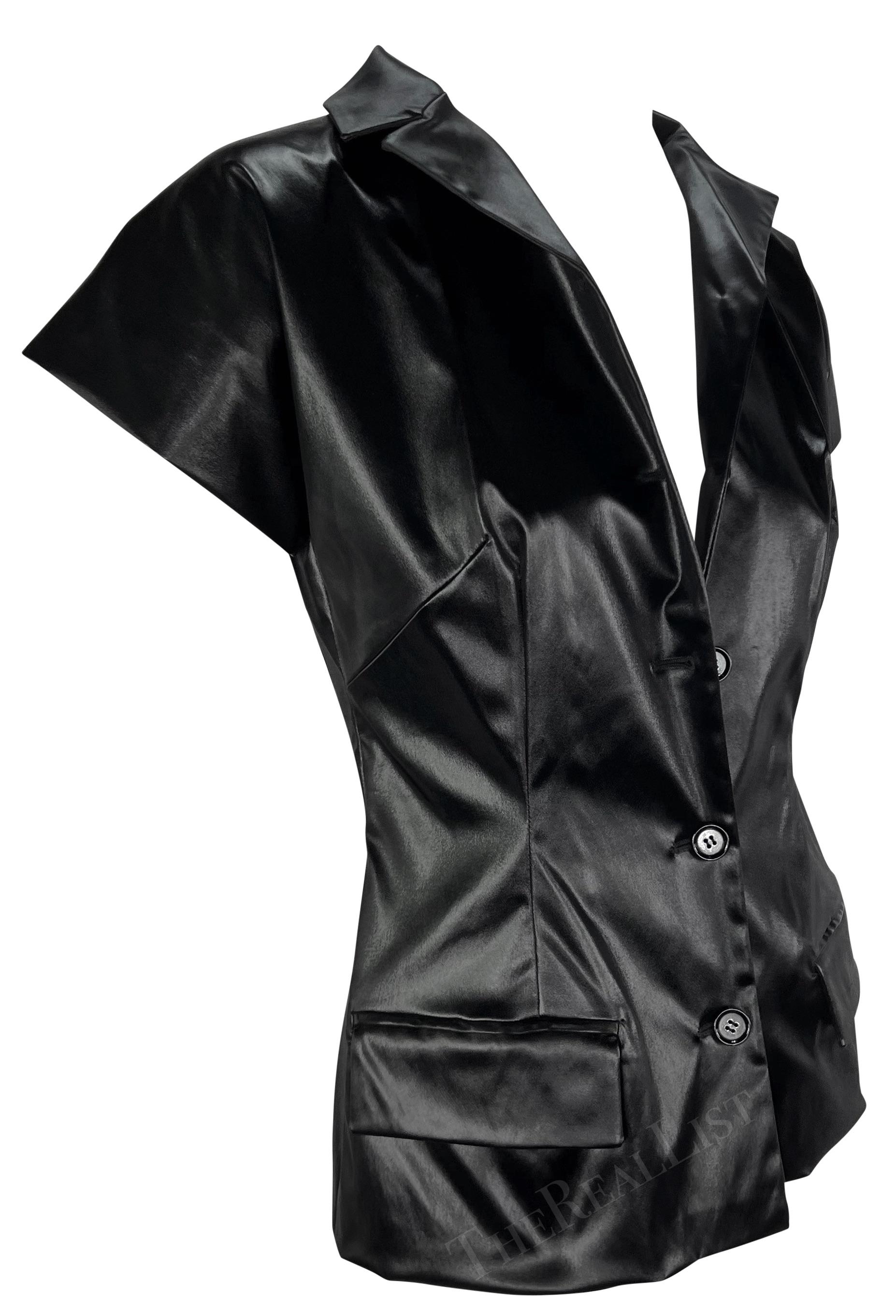 S/S 1999 Dolce & Gabbana Runway Wet Look Short Sleeve Black Jacket Top For Sale 3