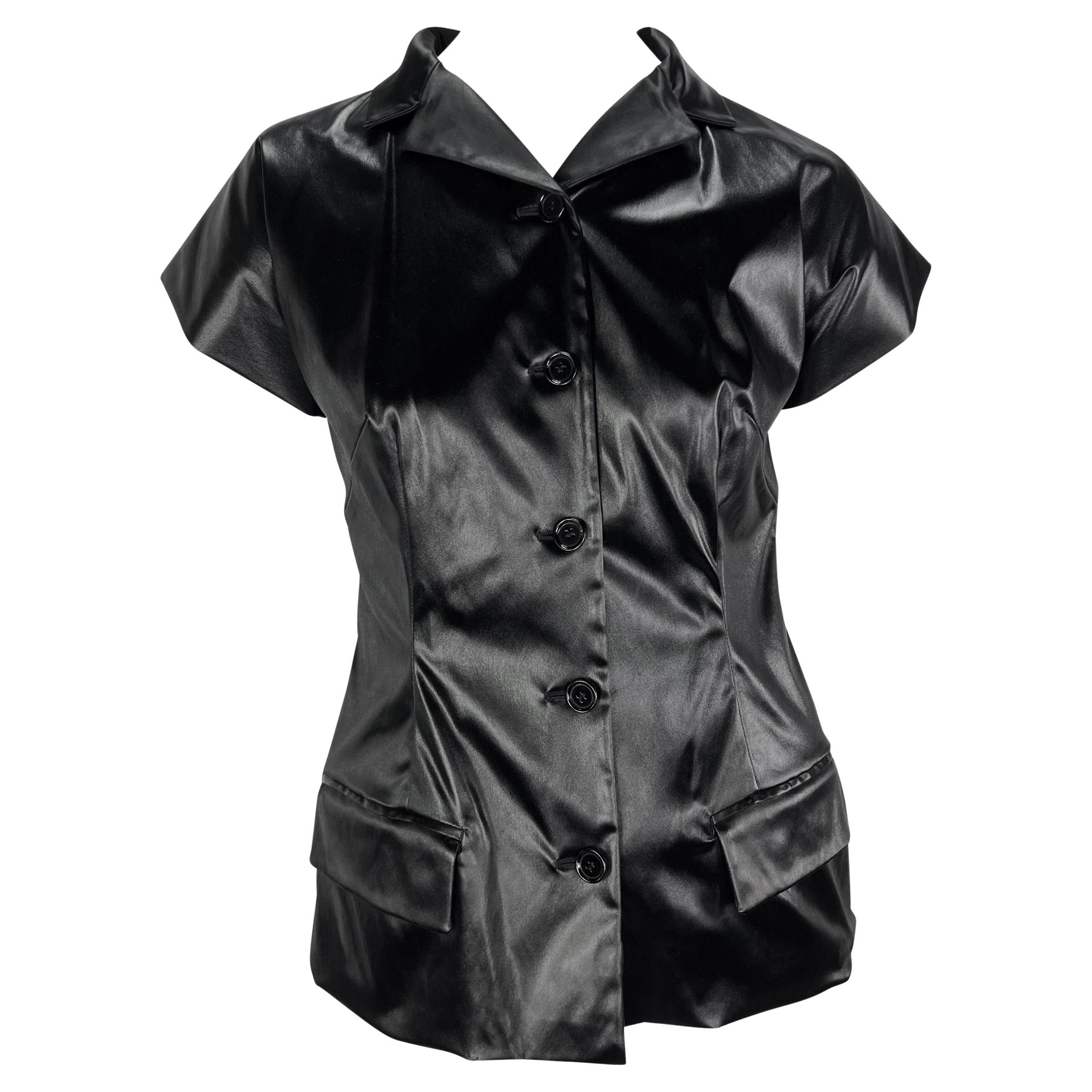 S/S 1999 Dolce & Gabbana Runway Wet Look Short Sleeve Black Jacket Top For Sale