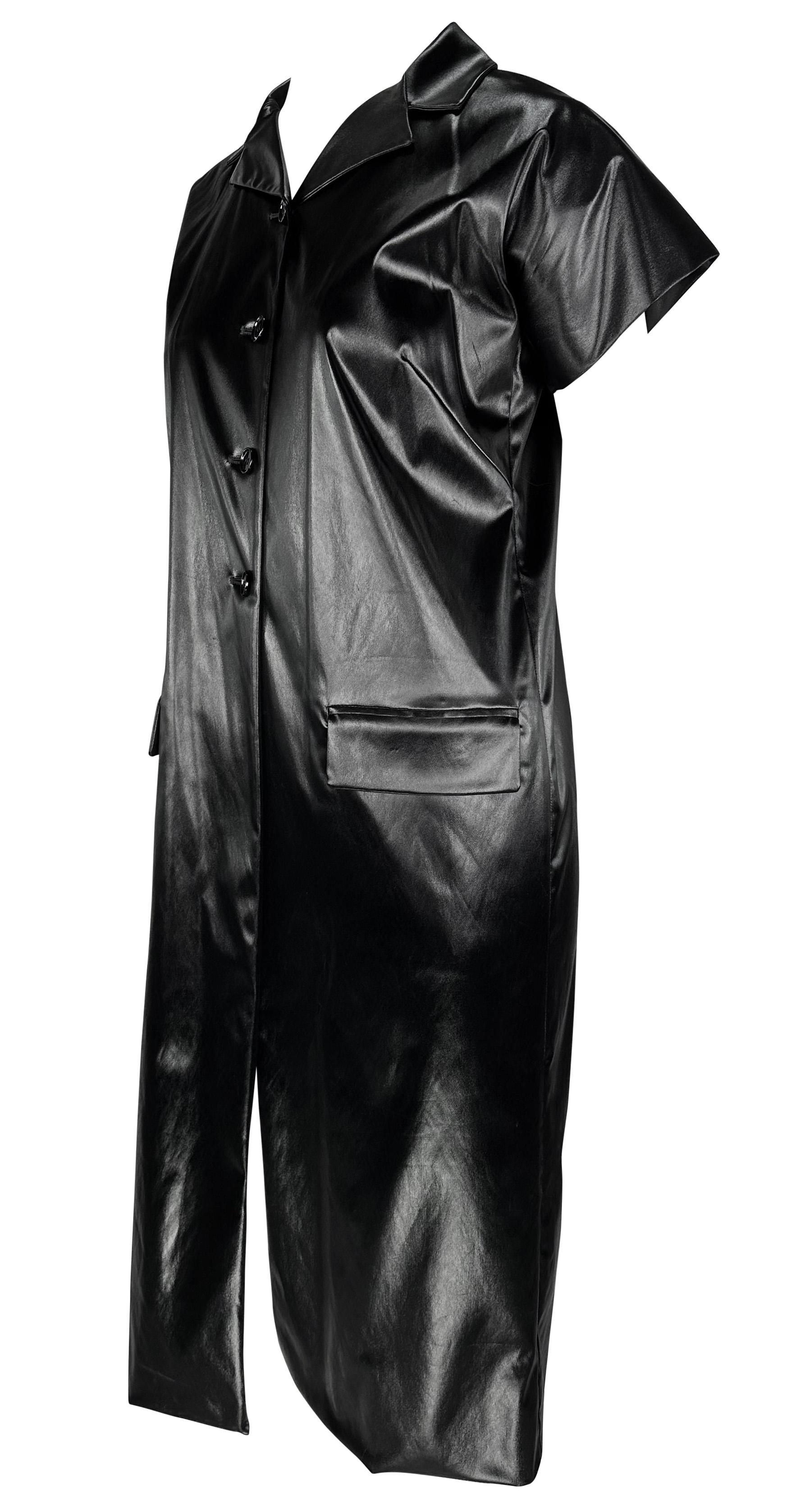 Women's S/S 1999 Dolce & Gabbana Runway Wet Look Stretch Black Coat Dress Short Sleeve For Sale