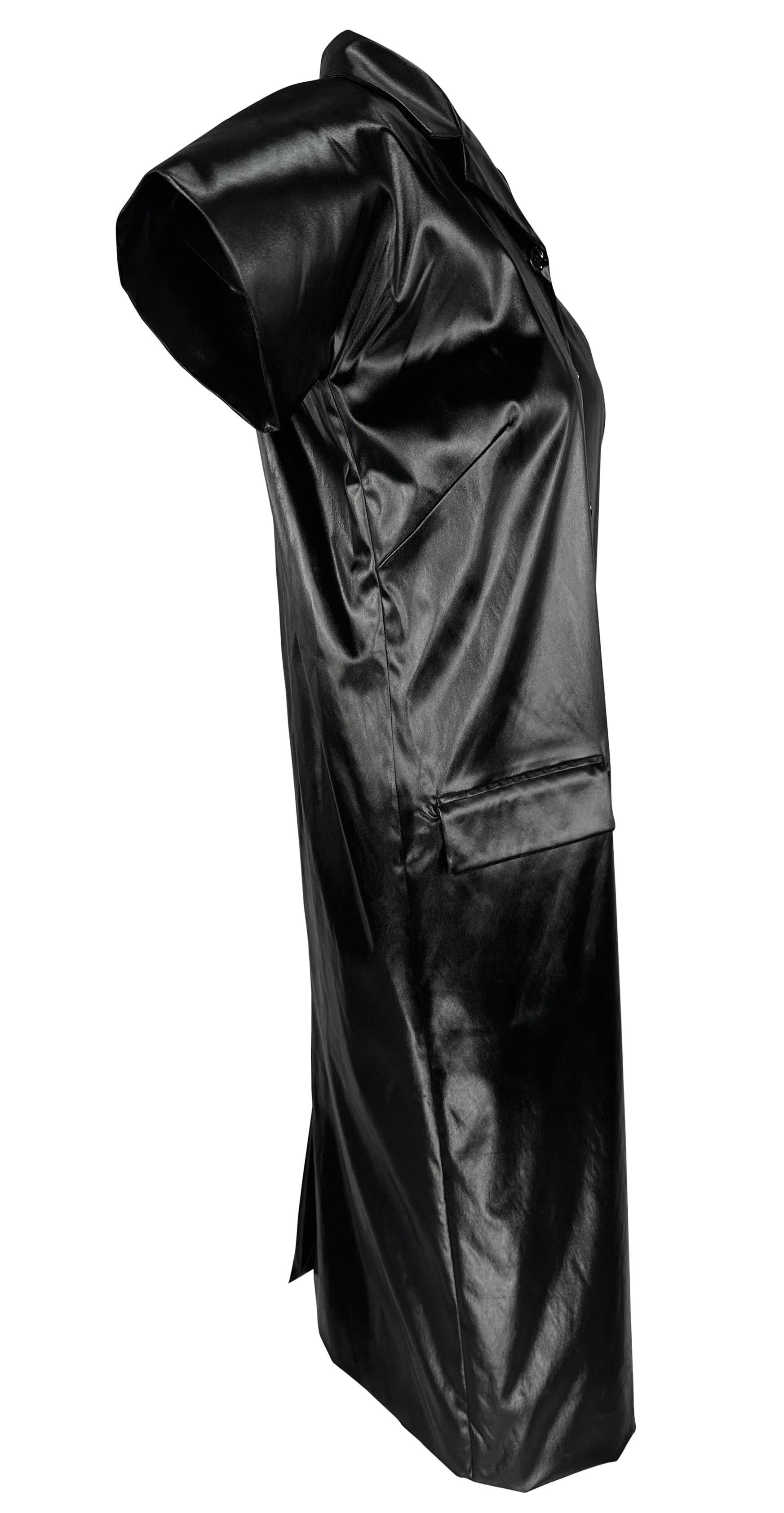 S/S 1999 Dolce & Gabbana Runway Wet Look Stretch Black Coat Dress Short Sleeve For Sale 3