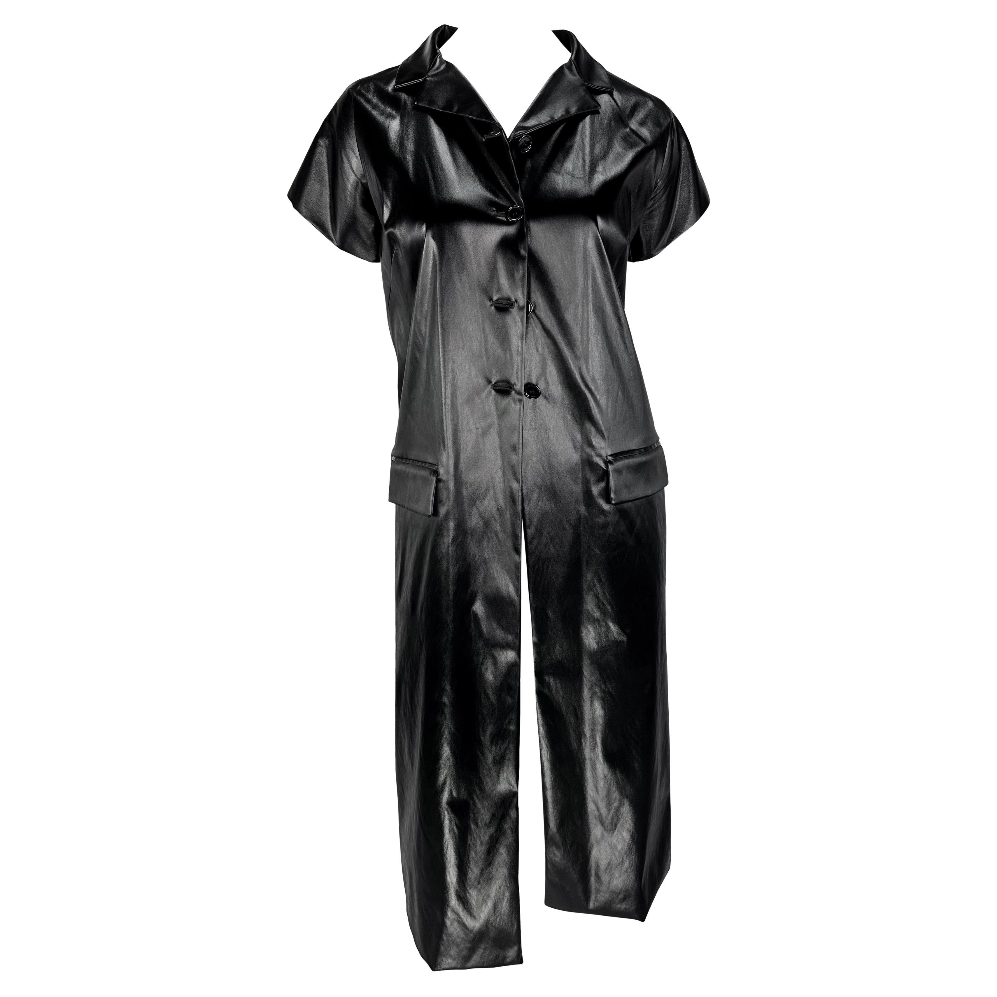 S/S 1999 Dolce & Gabbana Runway Wet Look Stretch Black Coat Dress Short Sleeve For Sale
