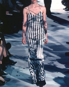 S/S 1999 Dries Van Noten White and Gray Gradient Stripe Bustle Gown