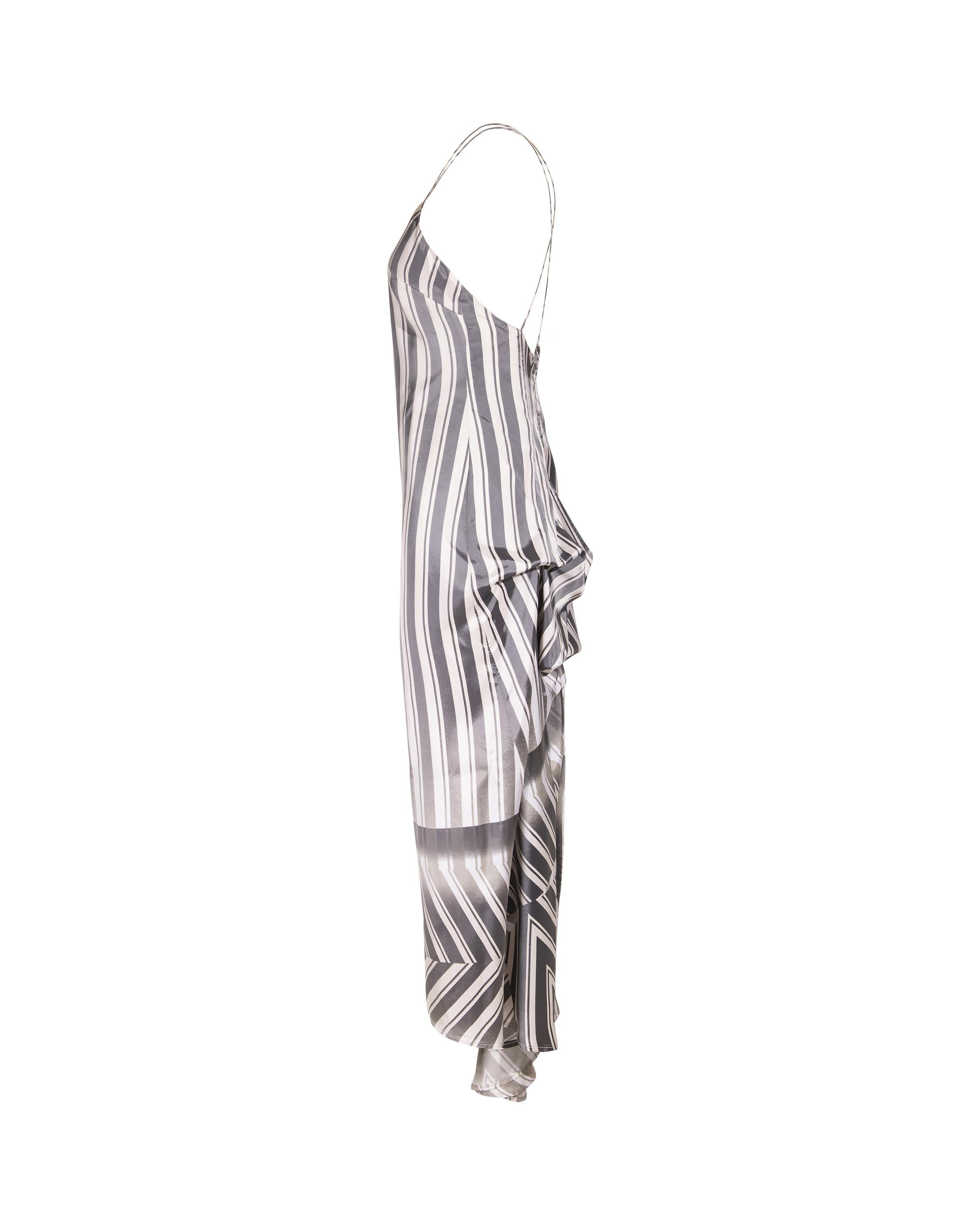 Gris S/S 1999 - Dries Van Noten - Robe à buste à rayures dégradées blanches et grises en vente