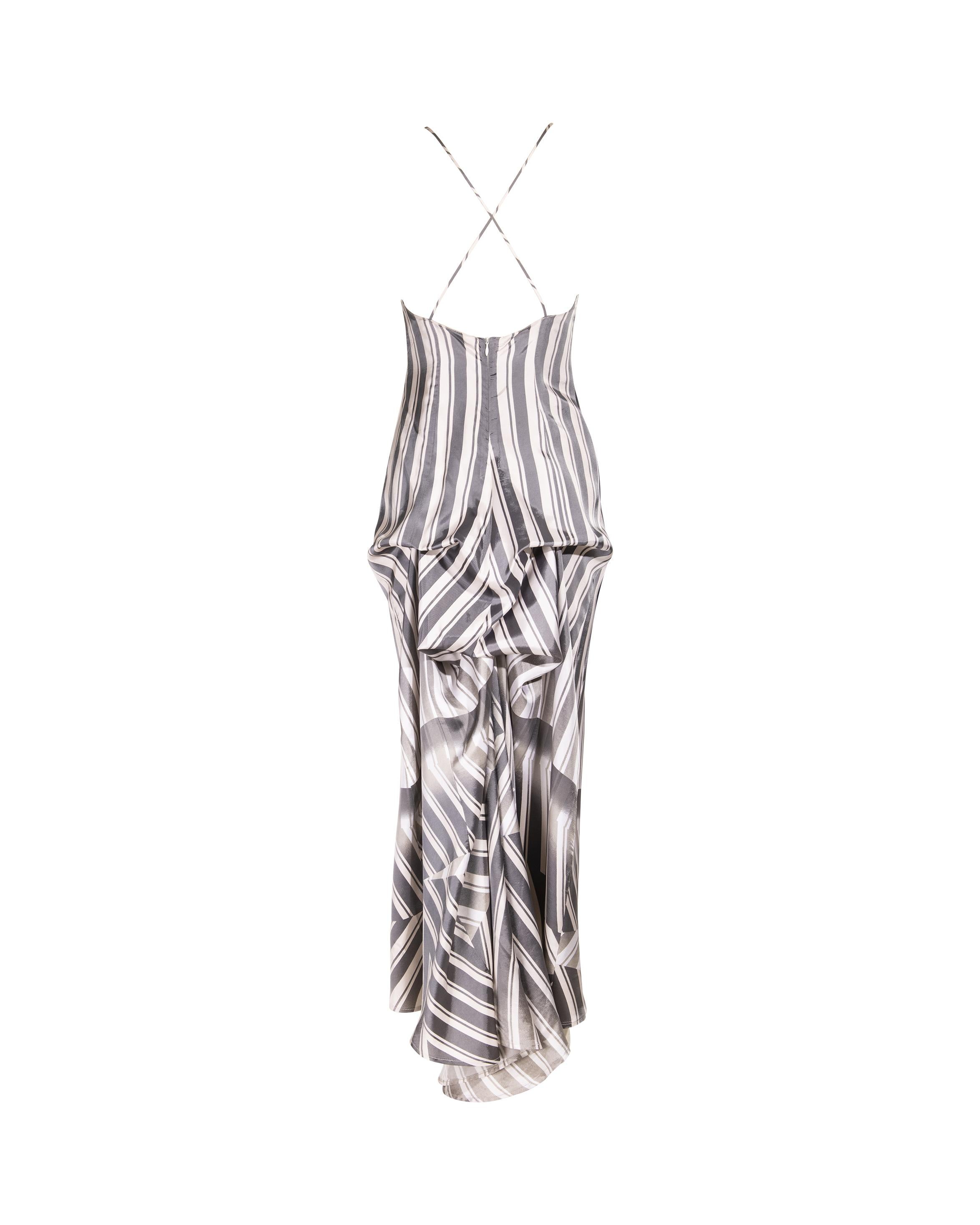 S/S 1999 Dries Van Noten White and Gray Gradient Stripe Bustle Gown In Good Condition For Sale In North Hollywood, CA