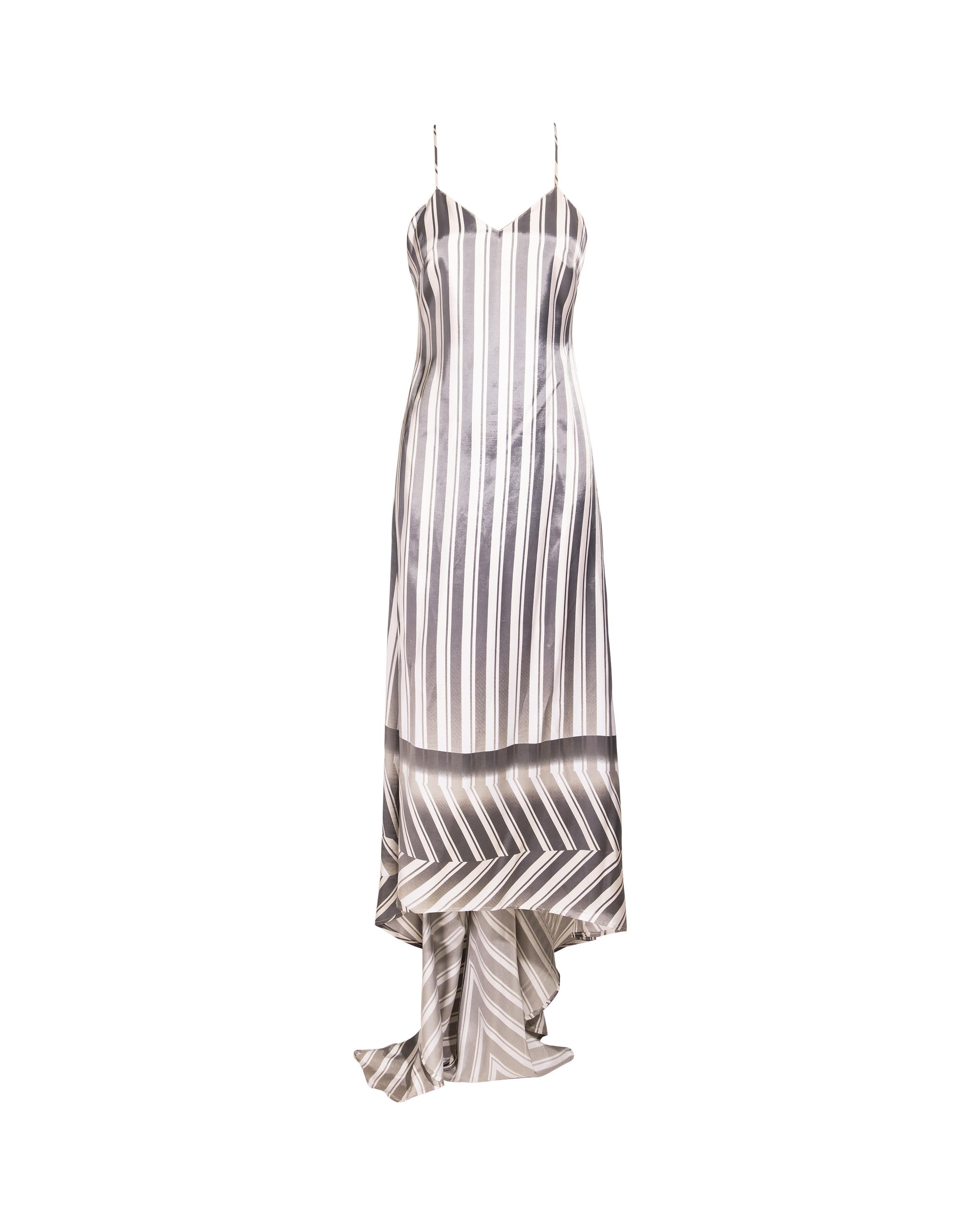 S/S 1999 Dries Van Noten White and Gray Gradient Stripe Bustle Gown For Sale 1
