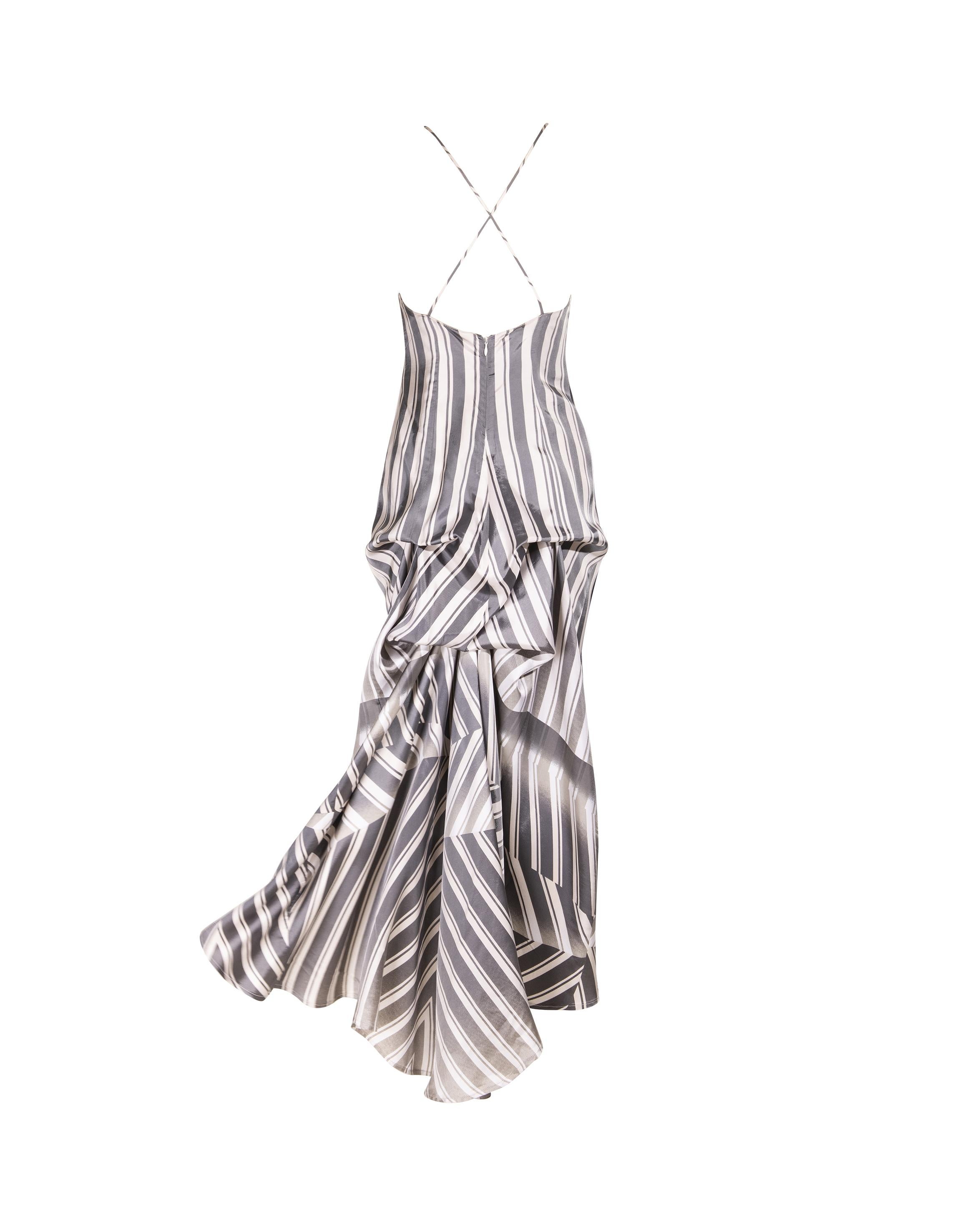 S/S 1999 Dries Van Noten White and Gray Gradient Stripe Bustle Gown For Sale 4