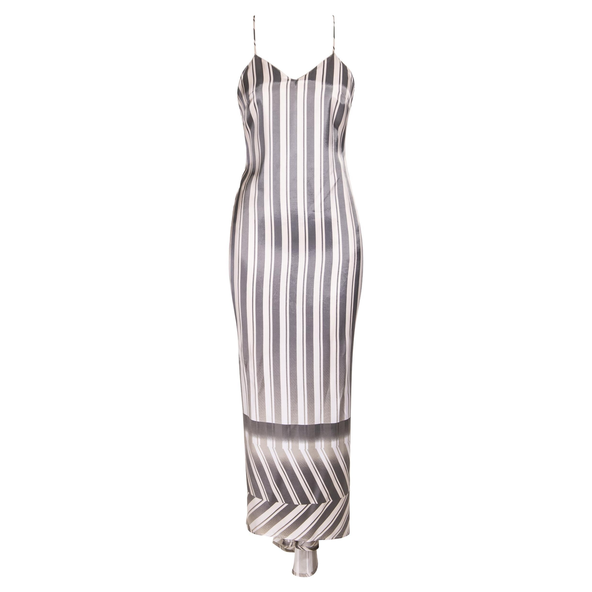 S/S 1999 Dries Van Noten White and Gray Gradient Stripe Bustle Gown For Sale