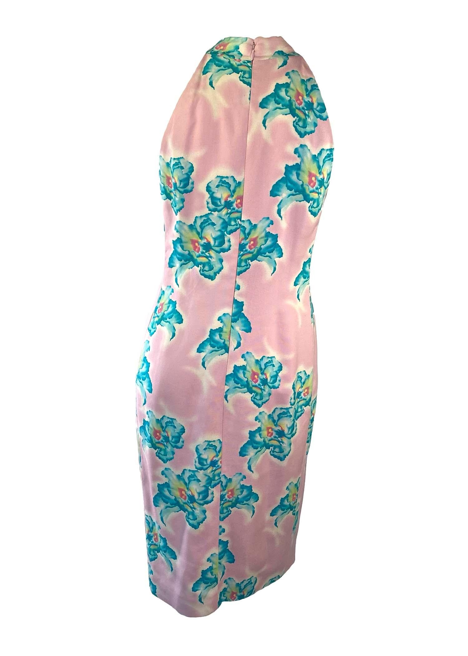 Gray S/S 1999 Gianni Versace by Donatella Pink Halter Neck Blue Floral Dress  For Sale