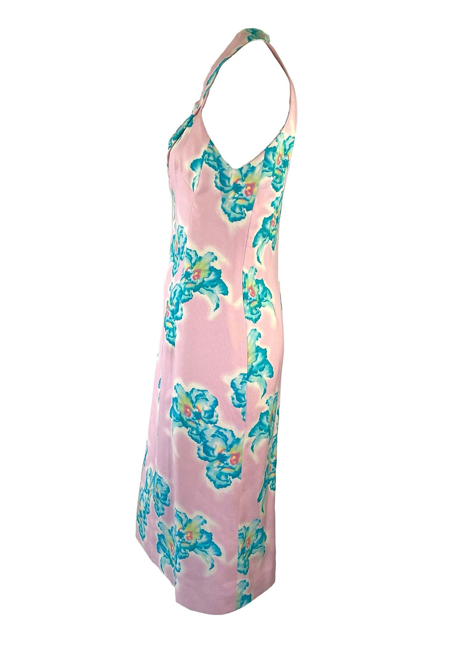 S/S 1999 Gianni Versace by Donatella Pink Halter Neck Blue Floral Dress  In Good Condition For Sale In West Hollywood, CA