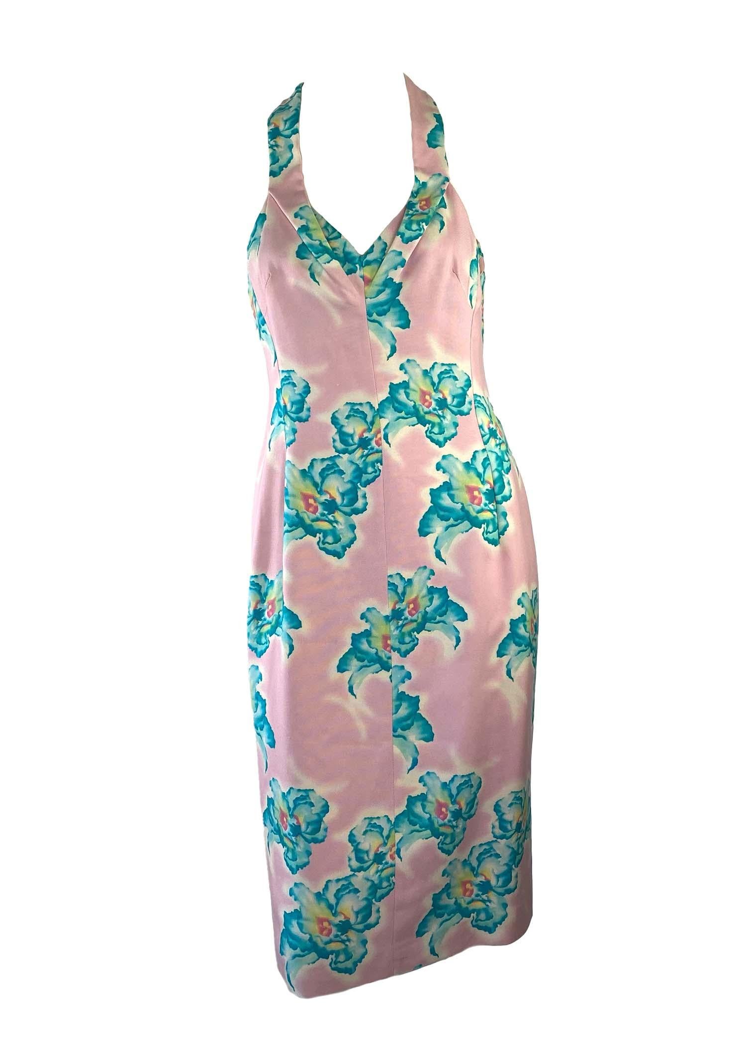 Women's S/S 1999 Gianni Versace by Donatella Pink Halter Neck Blue Floral Dress  For Sale