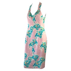 S/S 1999 Gianni Versace by Donatella Pink Halter Neck Blue Floral Dress 