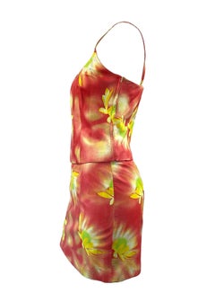 Versace Red Yellow Floral Leather Skirt Top Set