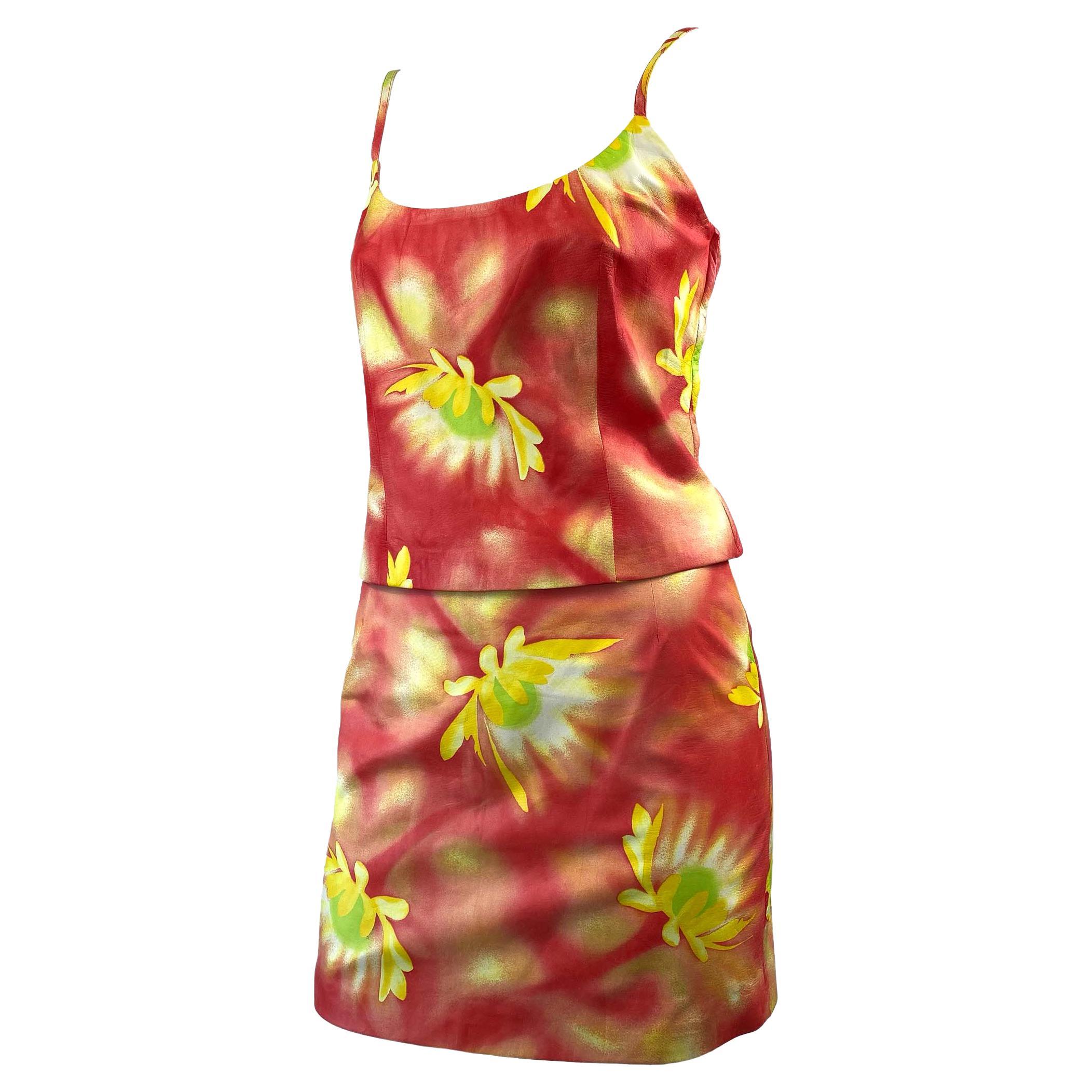 Versace Red Yellow Floral Leather Skirt Top Set
